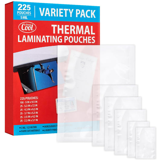 5MIL Thermal Laminating Pouches (225 Count) Letter, Photo, Card, Notecard, ID Badge and Business Card Sizes Dry-Erase Friendly Sheets, Compatible with Laminators Crystal Clear Laminated Finish