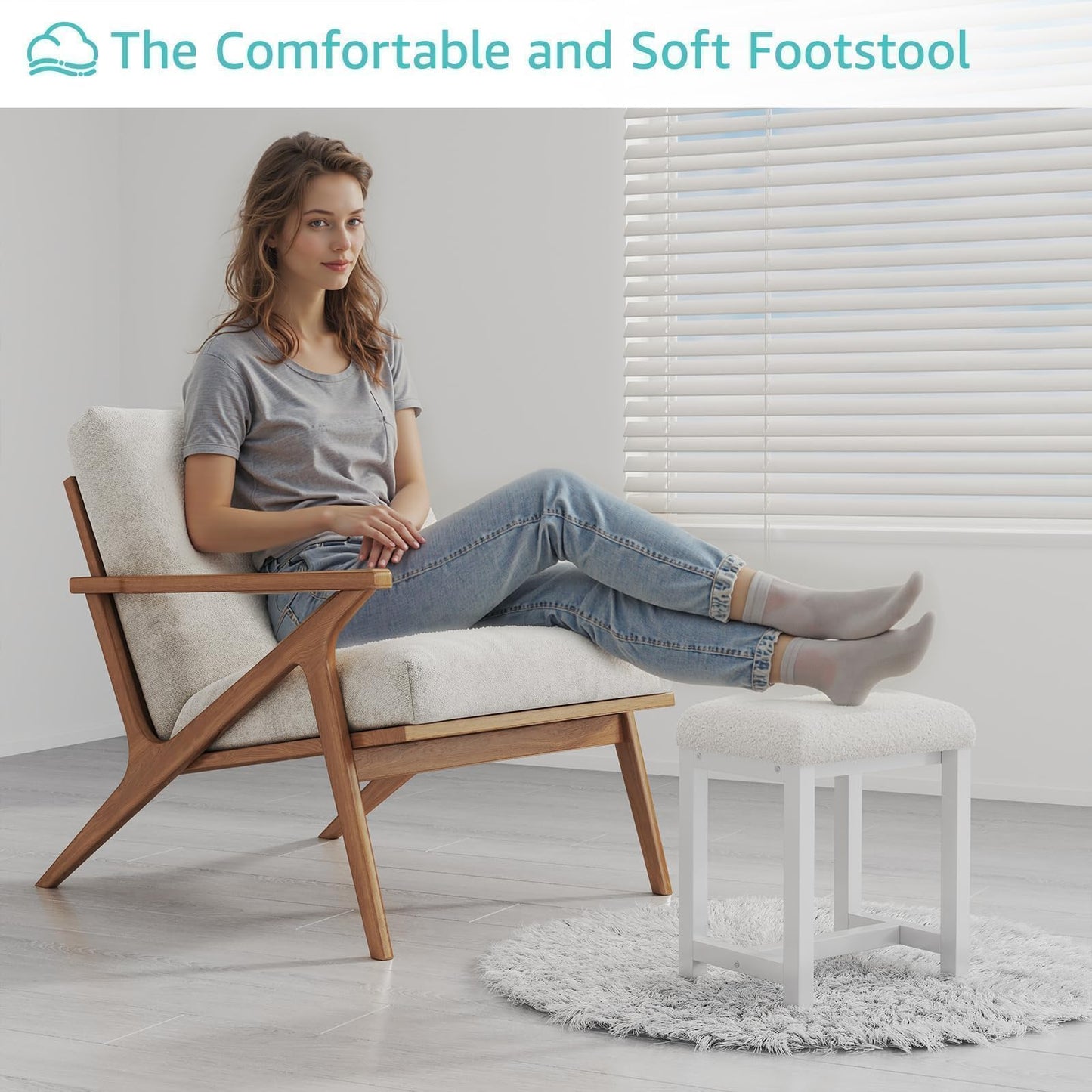 Small Plush Vanity Stool, Cute Vanity Stools with Soft Faux Rabbit Fur Cushion, White Makeup Vanity Chair for Small Spaces, Living Room, Bedroom, Entryway, Ottoman Foot Rest for Couch Sillas Modern