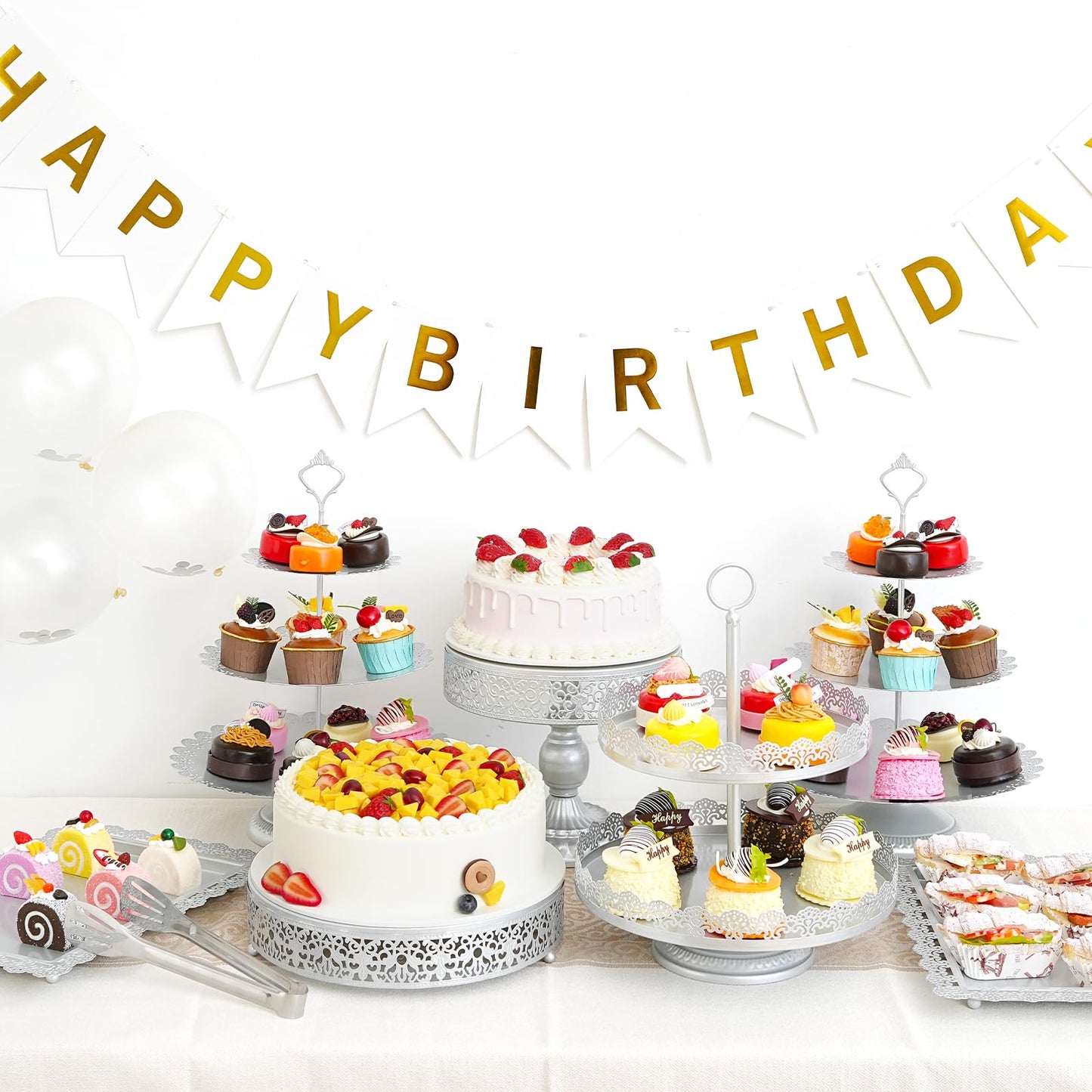 Aofure 11 Pcs Silver Metal Cake Stand Set, Dessert Table Display Set for Party, Cupcake Stand and Candy Table Display Sets for Wedding, Birthday Celebration