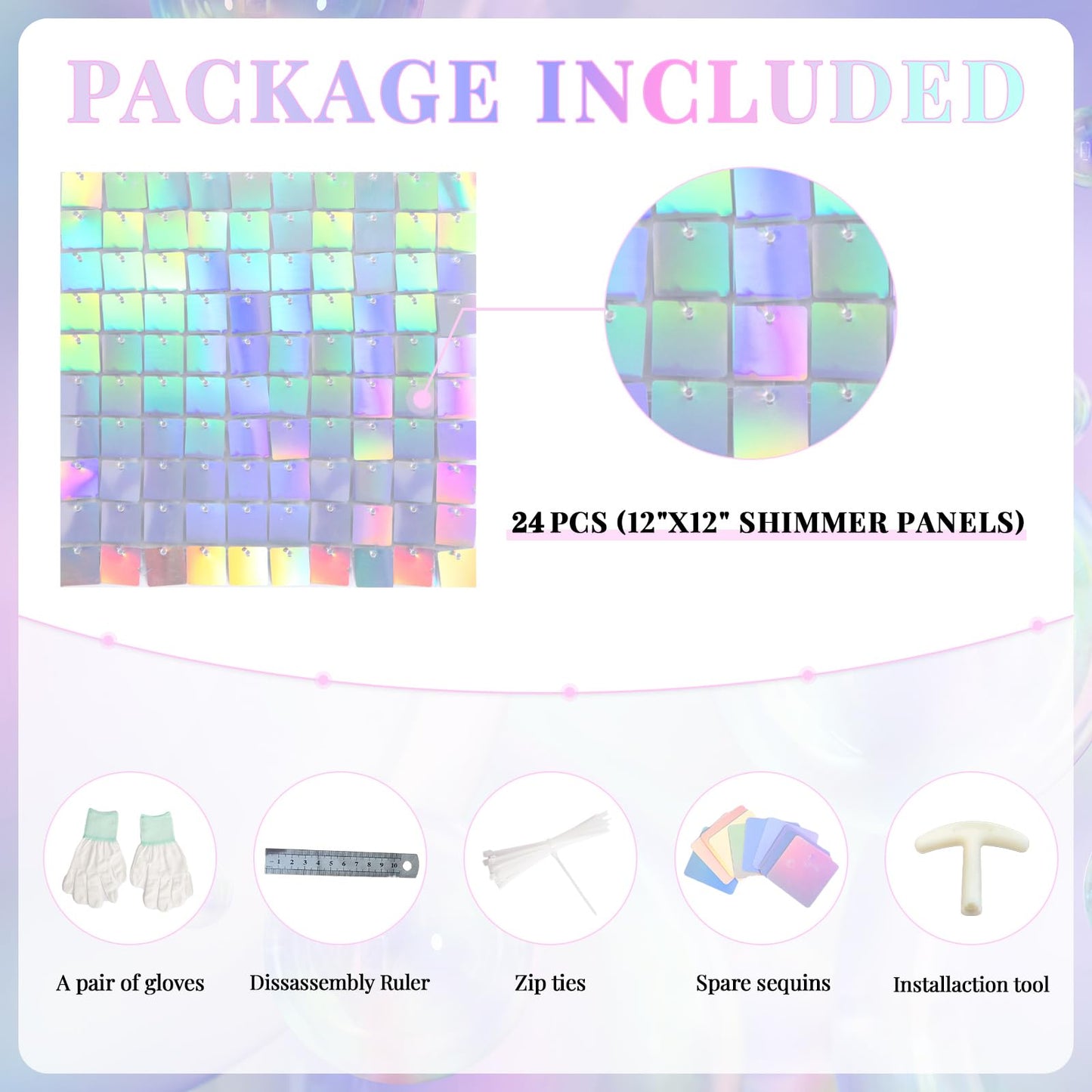 Shimmer Wall Backdrop Iridescent Silver Wall Panels 24Pcs Square Sequin Shimmer Wall Backdrop Decoration for Birthday Party,Wedding, Anniversary