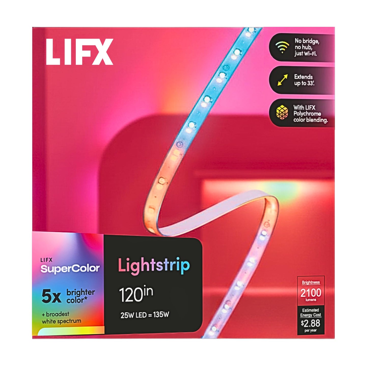 LIFX Supercolor Smart LED Strip Lights 10ft (120" Kit), Color Changing Multizone RGB + Tunable White, 24 Color Zones, 2.4GHz, No Hub, Apple HomeKit, Alexa & Google Home, Music Sync, Dimmable