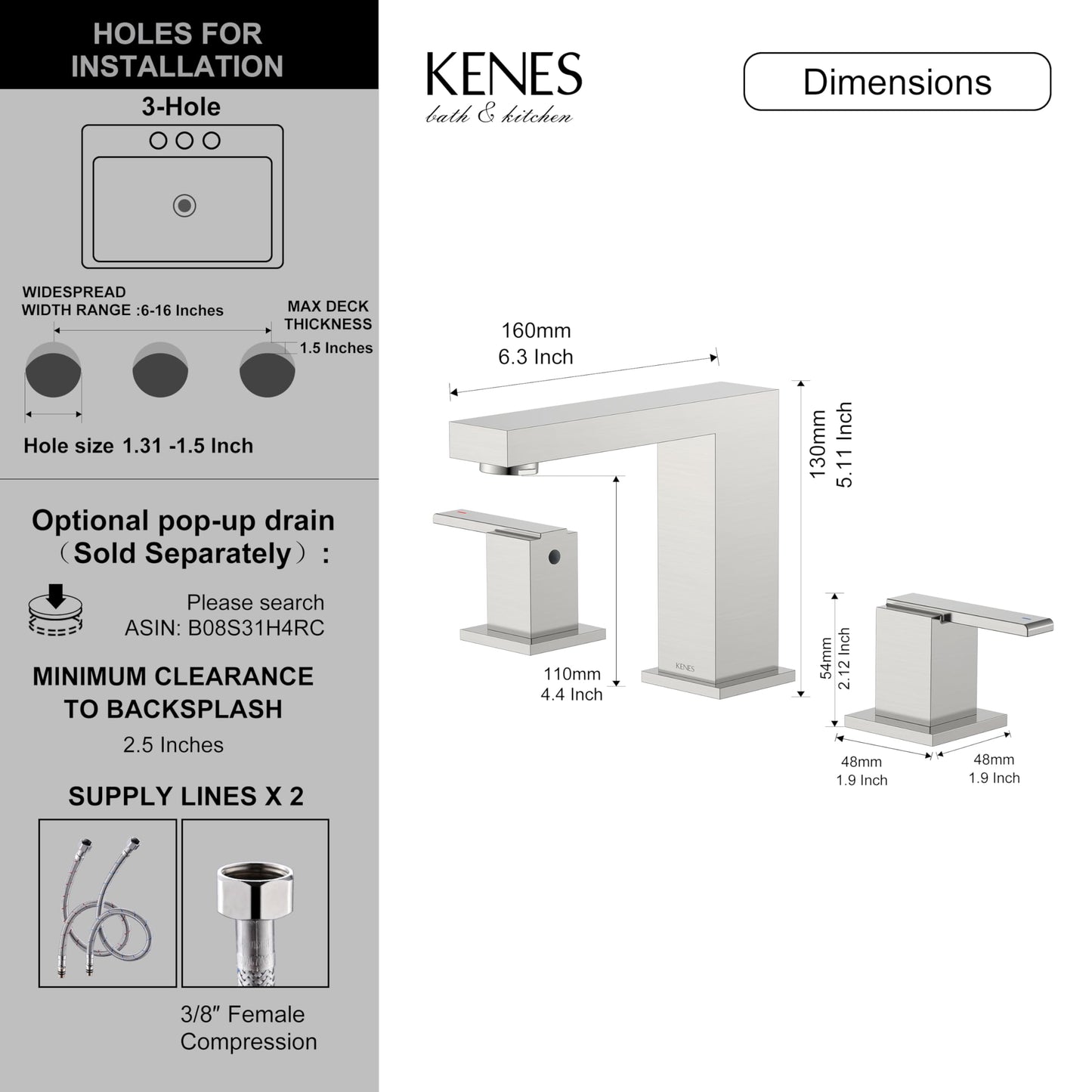 KENES 2 Handle Widespread Bathroom Faucets Brushed Nickel, Bathroom Sink Faucet 3 Hole Vanity Faucet with Lead-Free Supply Hose, KE-9050
