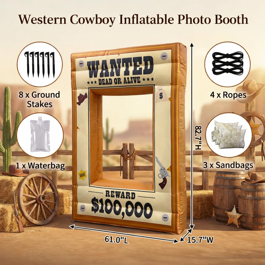 Western Party Decorations 7FT Inflatable Wanted Poster Frame, Rodeo Party Decorations, Wild West Party Backdrop with Western Photo Booth Props for Cowboy Birthday Party