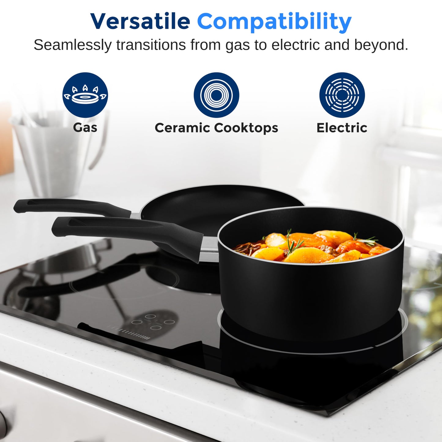SereneLife Kitchenware Pots & Pans Basic Kitchen Cookware, Black Non-Stick Coating Inside, Heat Resistant Lacquer (15-Piece Set), One Size