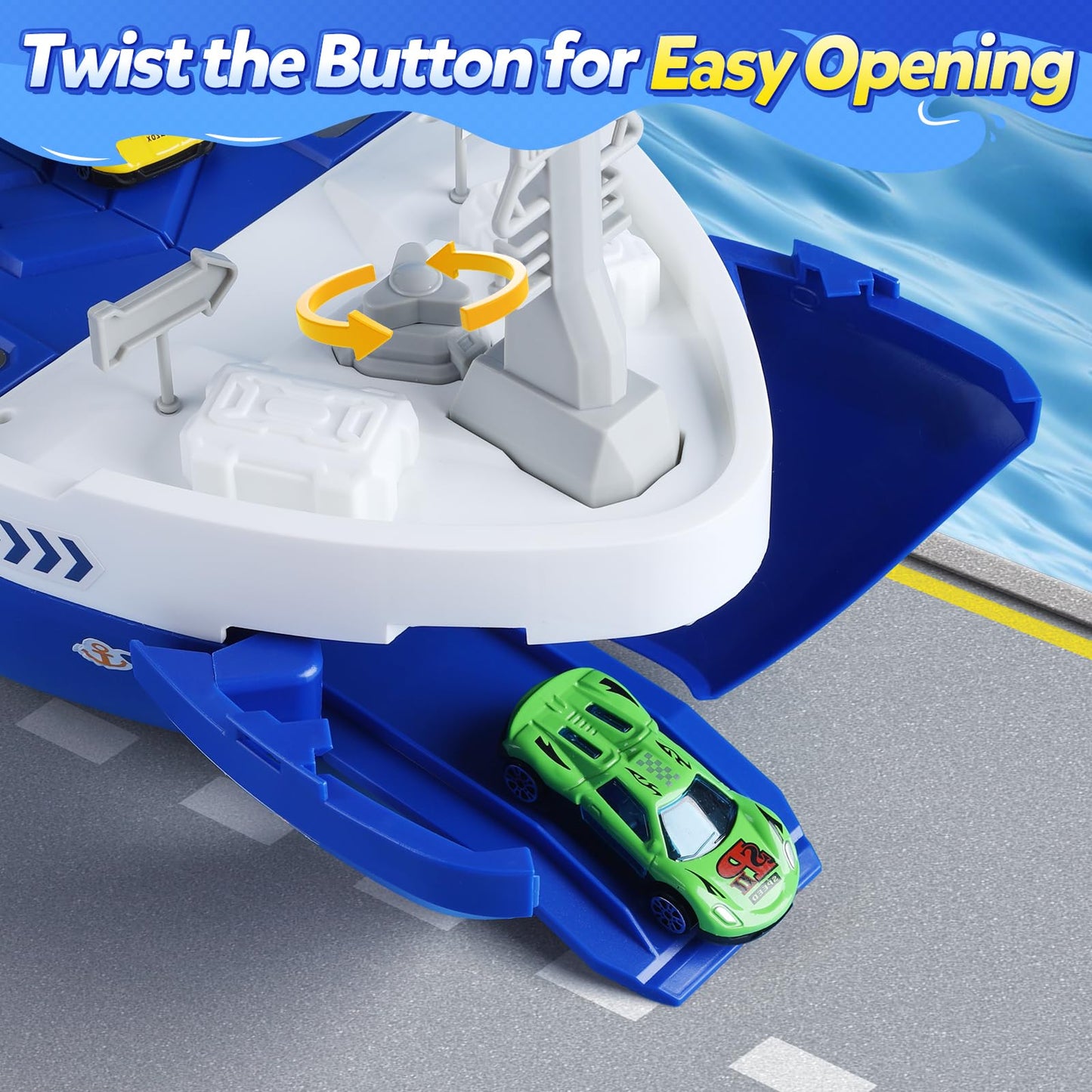CUTE STONE Cargo Ship Toy & Gantry Crane, Toy Boat and Crane Playset with Sounds & Lights, Transport Containers, Push and Go Vehicle Cars, Kids Play Boats for Boys Girls