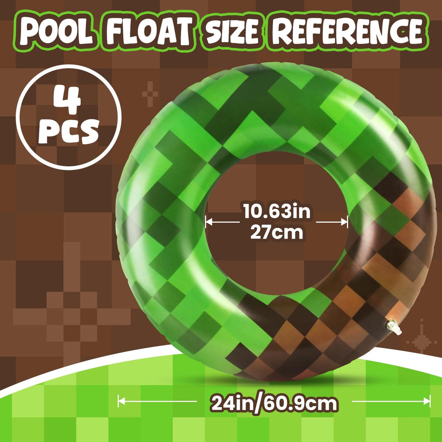 4 Pcs Pixel Party Pool Floats, 24 Inch Green Pixel Art Swim Rings for Kids Ages 5-8 Pool Tube, Inflatable Pool Toys for Hawaiian, Beach, Water Park Fun