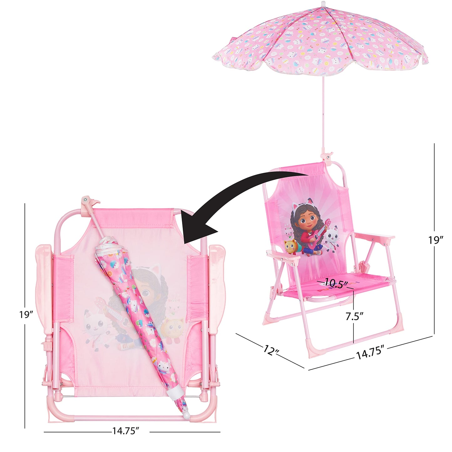 Idea Nuova Gabby’s Dollhouse Kids Folding Beach Chair with Umbrella, Outdoor Chair for Girls Ages 3+,Portable, Lightweight, UV Protection - Patio, Pool, Beach Travel Accessory