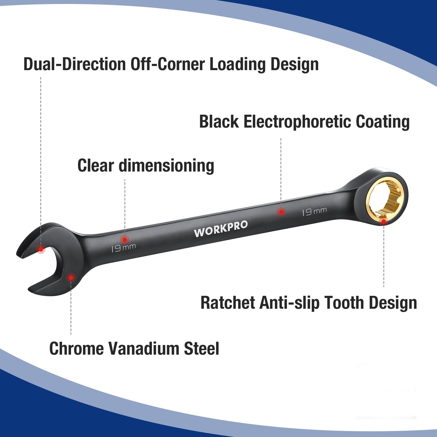 WORKPRO 9-Piece Anti-Slip Ratcheting Combination Wrench Set, Metric 8-19 mm, 72-Teeth, Cr-V Constructed, Black Ratchet Wrenches Set with Roll Up Pouch