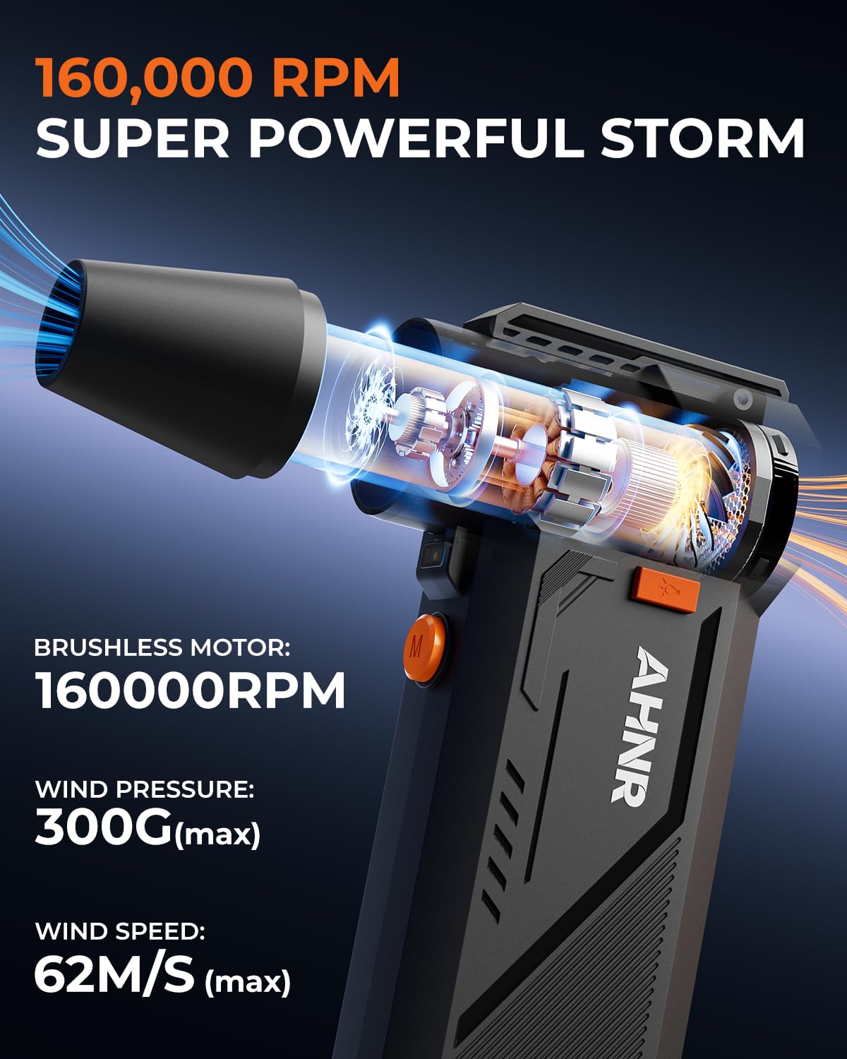 AHNR Compressed Air Duster, 160,000RPM Powerful Electric Air Duster Blower Rechargeable with Brushless Motor, 3-Gear Adjustable Mini Air Blower Cordless for Computer, Keyboard, Home, Outdoor and Car