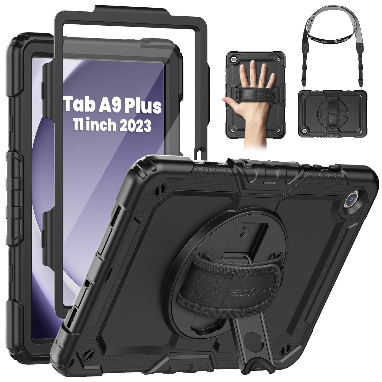 SEYMAC Case for Samsung Galaxy Tab A9+/ A9 Plus Case 11" 2023 (SM-X210/X216/X218), Heavy Duty Shockproof Protective Case with Screen Protector, Rotating Stand and Hand/Shoulder Strap, Black
