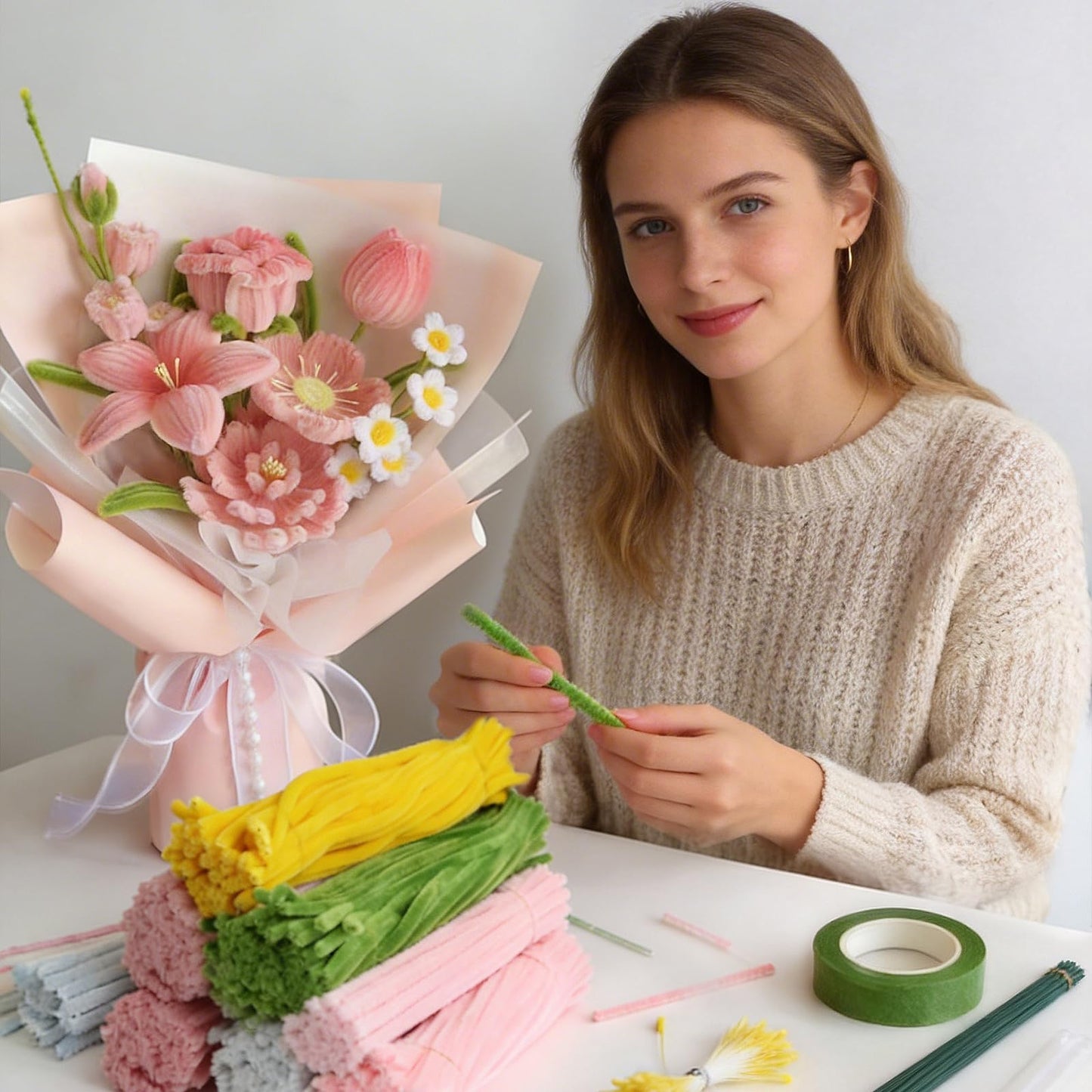 500PCS Pipe Cleaner Flower Kit,Bulk Pipe Cleaners Craft,Chenille Stems with Wrapping Paper for Valentine's Day Mother's Day Graduation Birthday