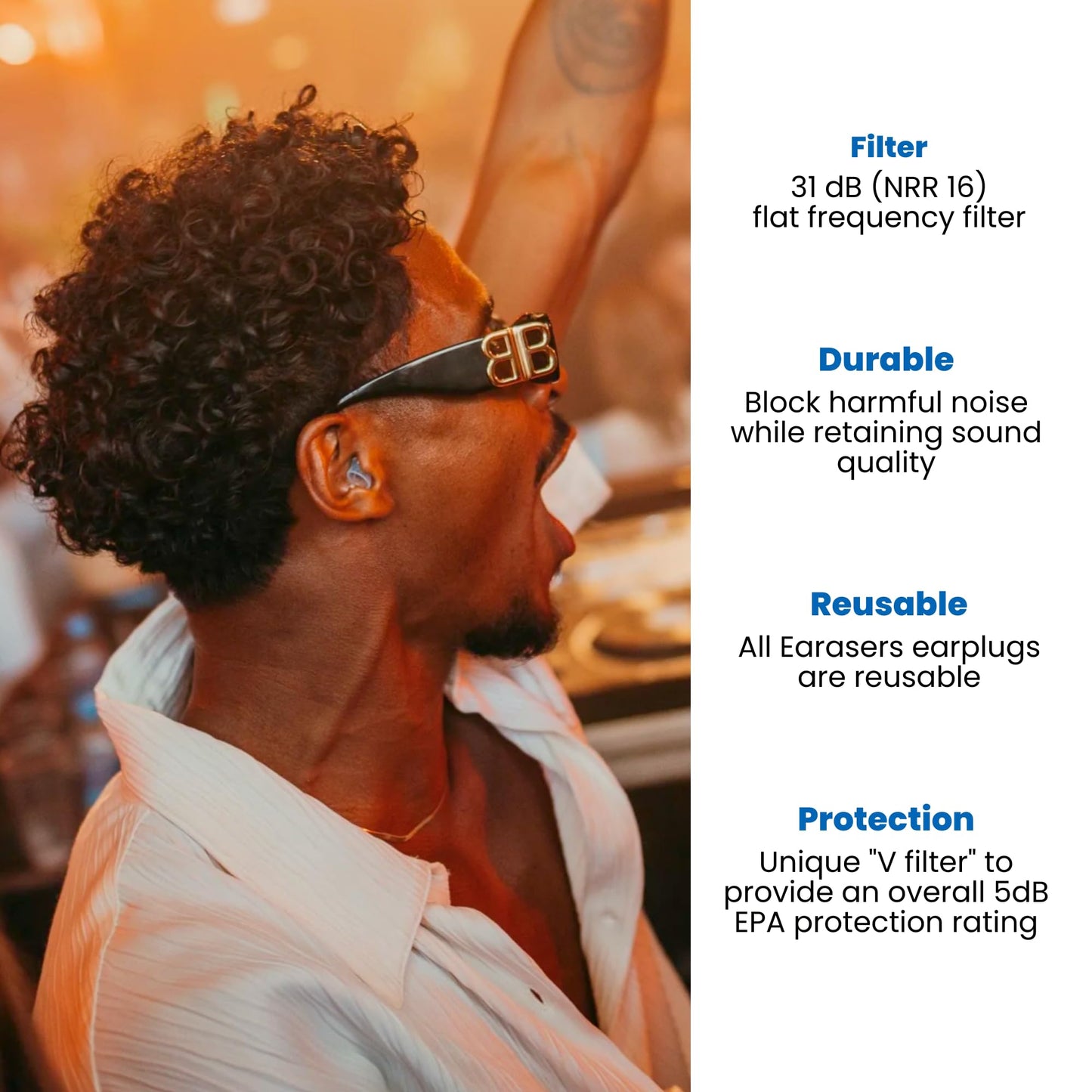 EARasers Noise Cancelling Earplugs - Reusable Soft Silicone Noise Reduction Music Max Earplugs for Concerts, Musicians, DJs, Drummers, Work – 31dB Peak Reduction (Medium) Transparent