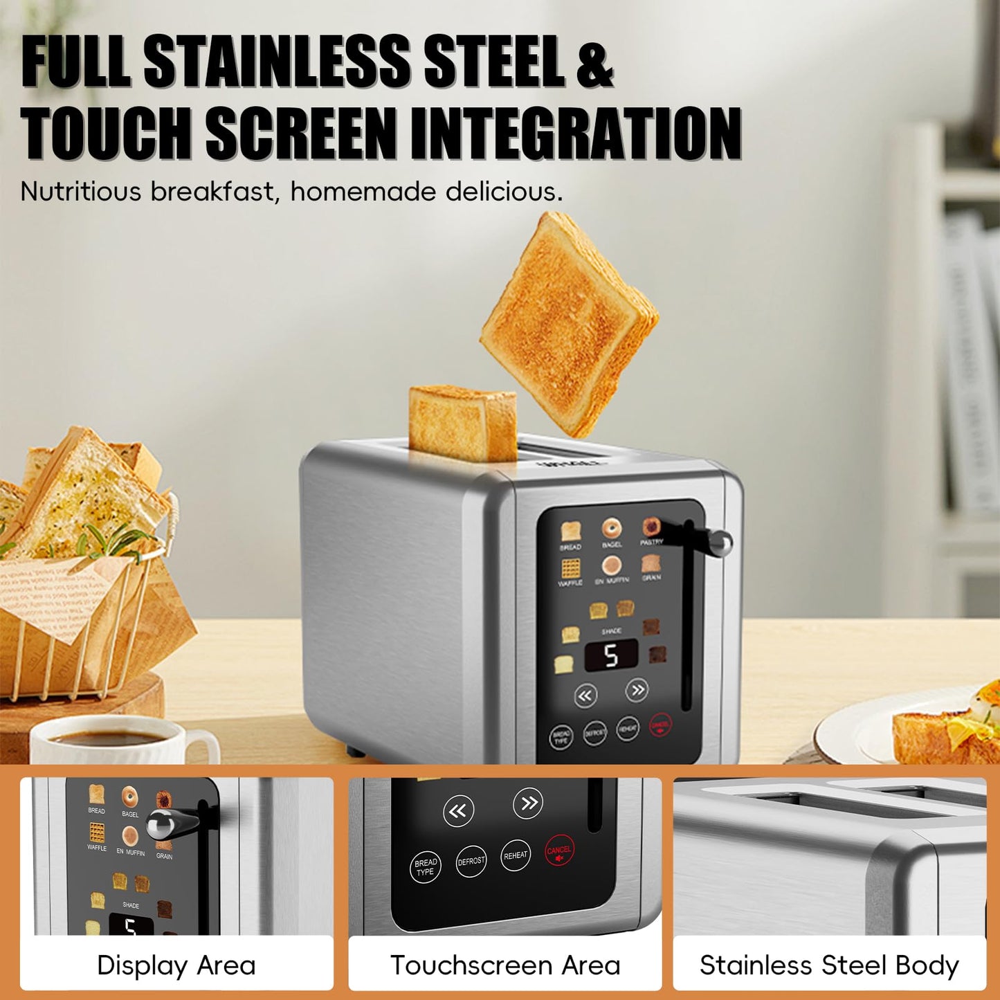 WHALL® Touch Screen Toaster 2 Slice, Stainless Steel Digital Timer Toaster, 6 Bread Types & 6 Shade Settings, Smart Extra Wide Slots Toasters With Bagel, Cancel, Defrost Functions