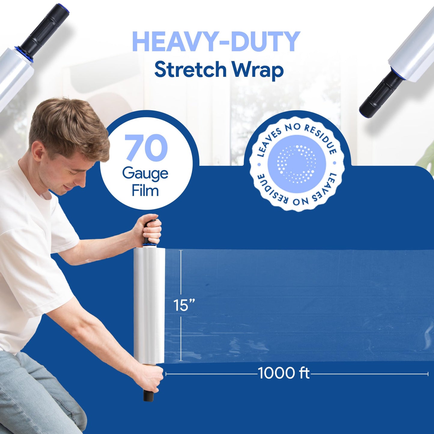 International Plastics Co. 70 Gauge 15" Plastic Stretch Film/Wrap with Extended Handles 1000ft Clear Moving Industrial Packing Heavy Duty Shrink Cling Durable Furniture (Extended Handles, 4 Pack)