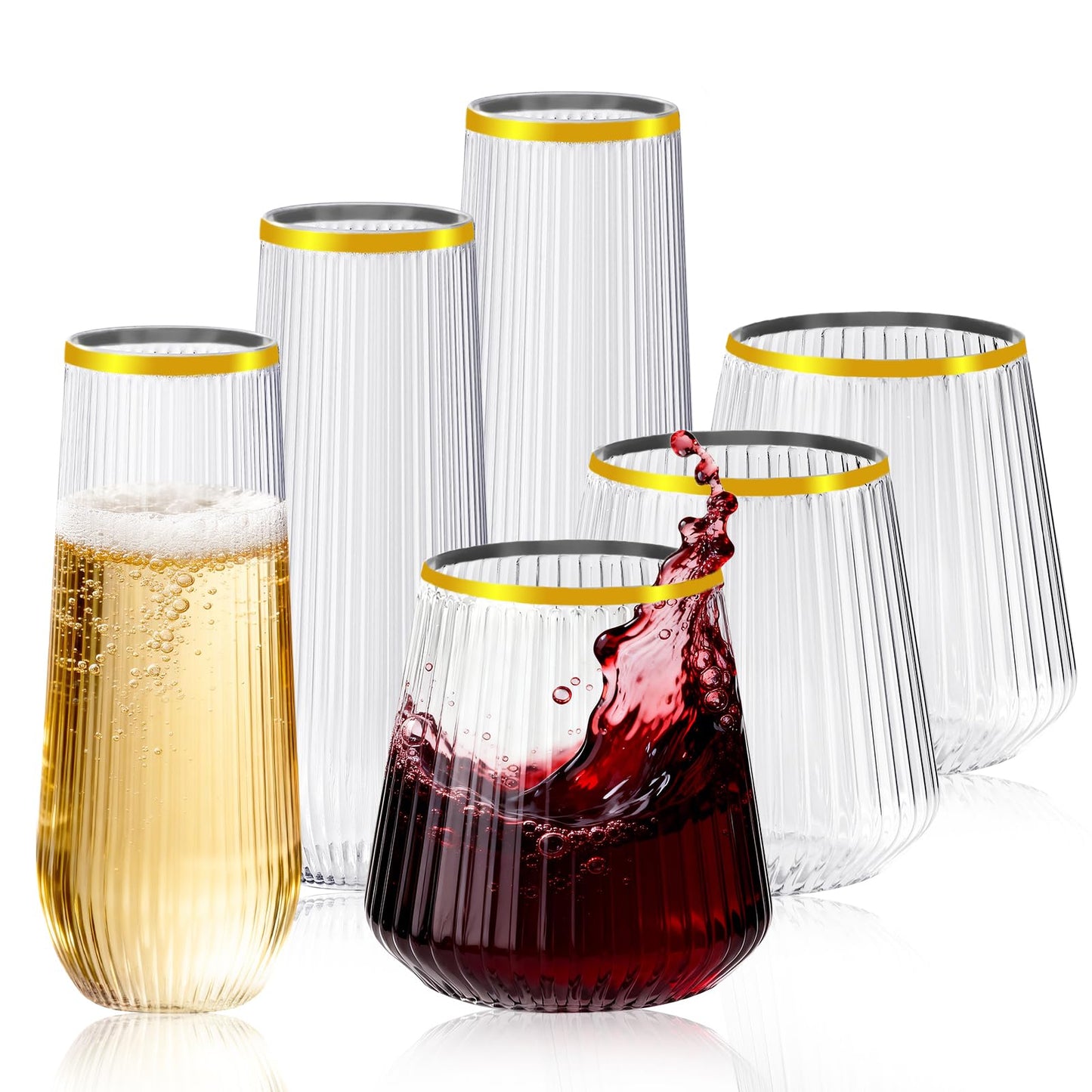 Lueumxc 56 Pack Plastic Wine Glasses Disposable Ribbed gold Champagne Flutes, 32 Pcs 9 OZ Stemless Champagne Flutes & 24 Pcs 14 OZ Disposable Wine Glasses, BPA-Free