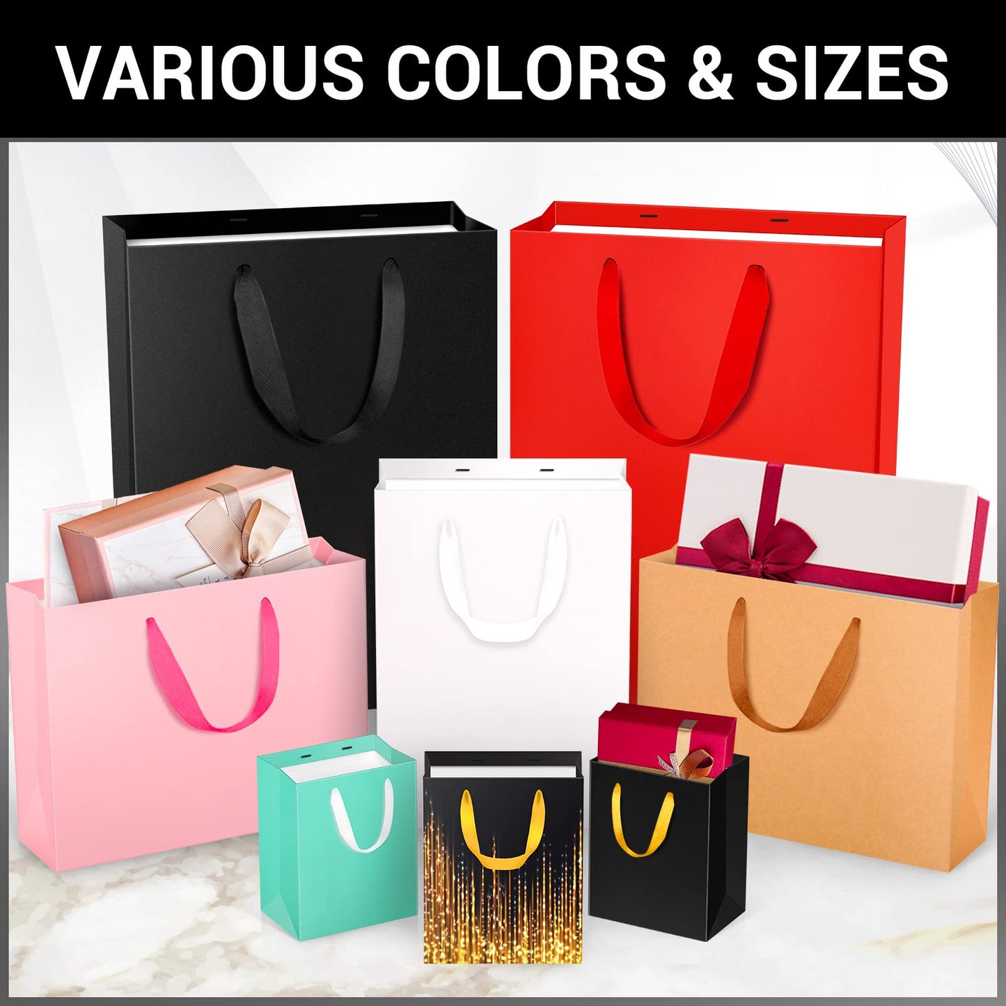EUSOAR Large Gift Wrap Bags Bulk, 50 Pack 12.5x4.5x11 inches Black Paper Bags with Handles, Heavy Duty Totes for Wedding, Grocery, Boutique, Retail, Business, Party Favors, Baby Showers, Birthdays