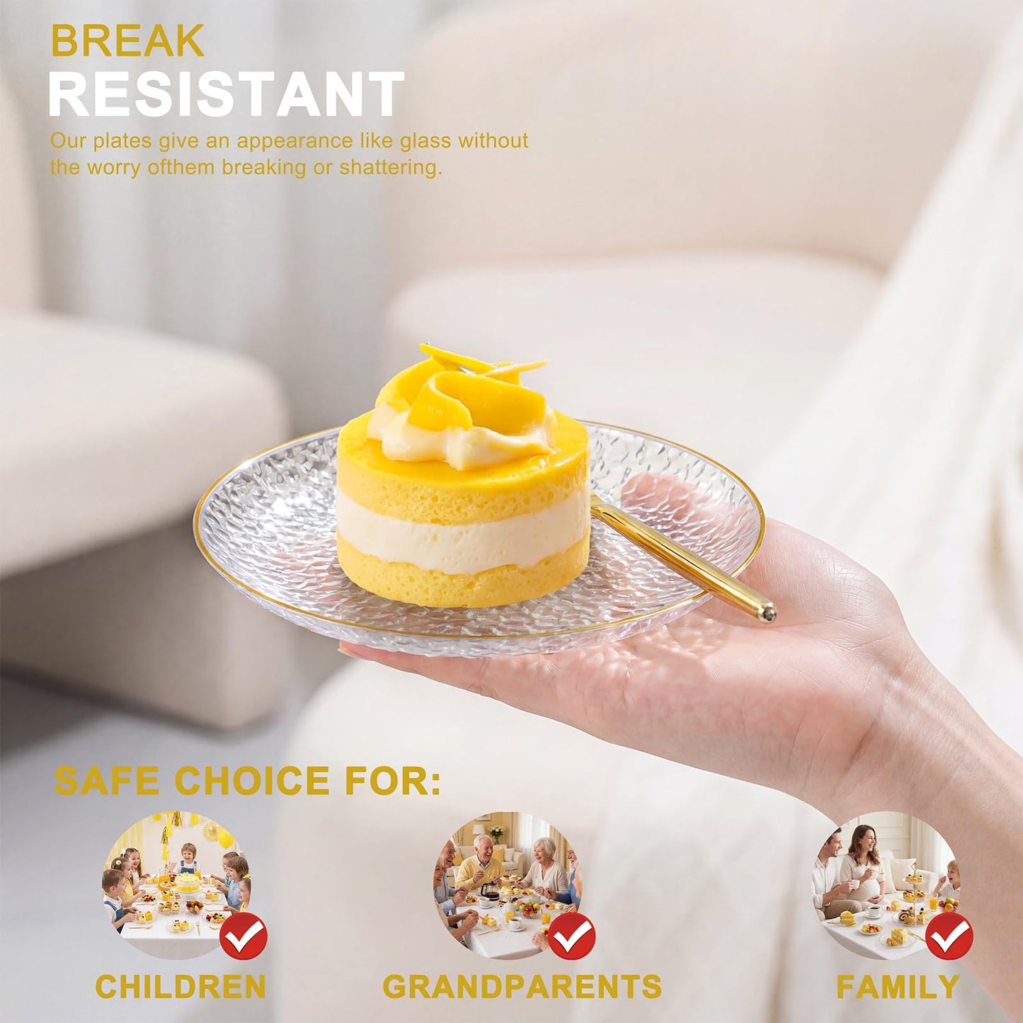 Rubtlamp 200 Pcs Clear Gold Dessert Plates with Forks, 6 inch Hammered Gold Small Disposable Plates, Fancy Appetizer Platos Include 100 Cake Plate,6 inch 100 gold Forks for Birthday, Wedding, Teatime
