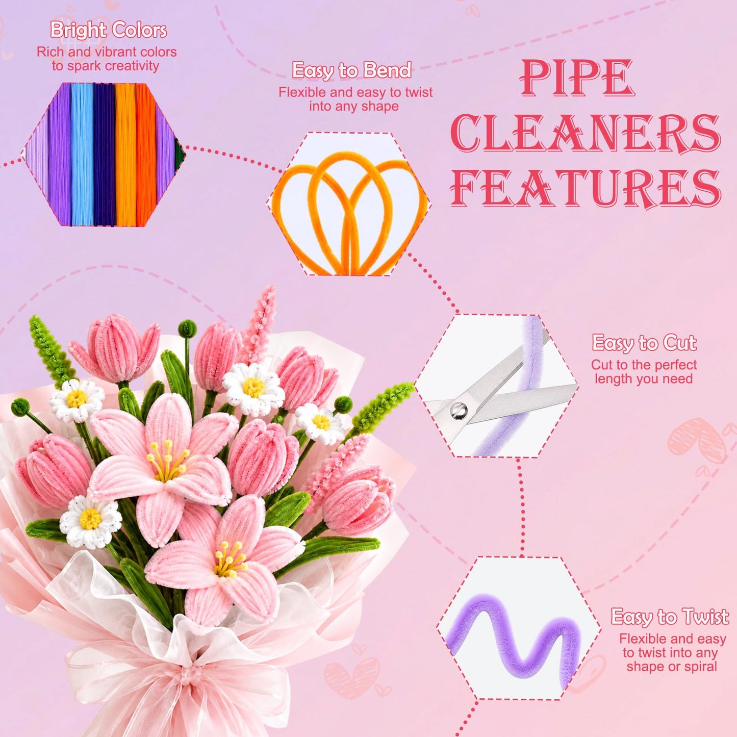 800 PCS Pipe Cleaner Flower Kit, DIY Pipe Cleaners Bulk Craft Bouquet Making Kit with 13 Colors Chenille Stems, Floral Wires, Stamen, Ribbon, Instruction, Art and Craft Supplies