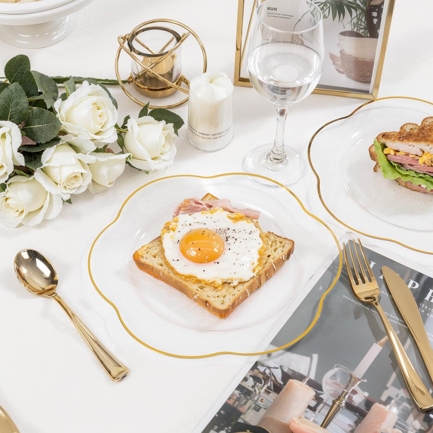 Liacere 100PCS Clear Plastic Plates - 10inch Disposable Floral Clear and Gold Dinner Plates - Perfect for Wedding & Party & Holiday & Floral & Baby Show
