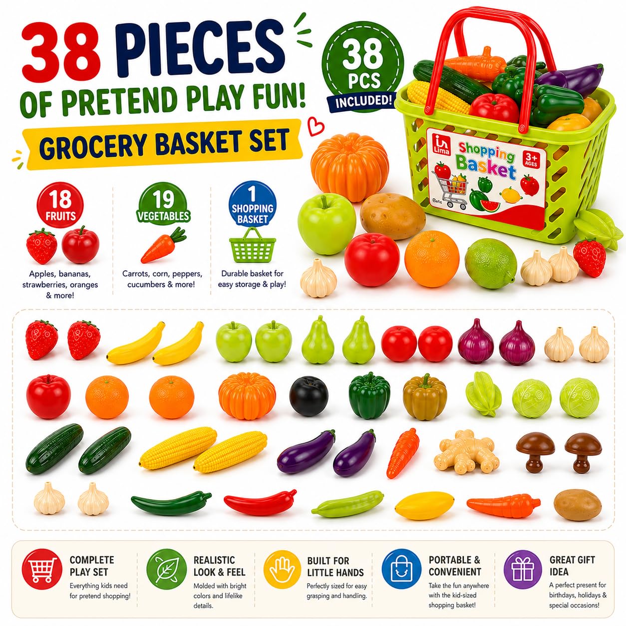 Liberty Imports Fruits and Vegetables Shopping Basket Grocery Play Food Set for Kids-38 Pieces