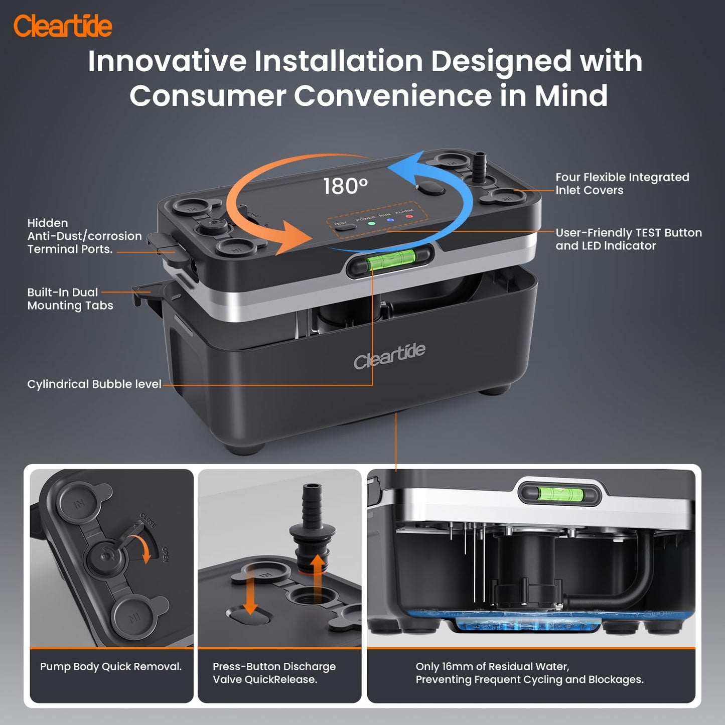 Cleartide Condensate HVAC Pump, Ultra-Quiet 25dB, 1/30 HP 135 GPH, Automatic Condensate Removal Pump with Safety Switch for Air Conditioner/Furnace/Dehumidifier/Ice Machine, 100-240V, 27ft Head Height