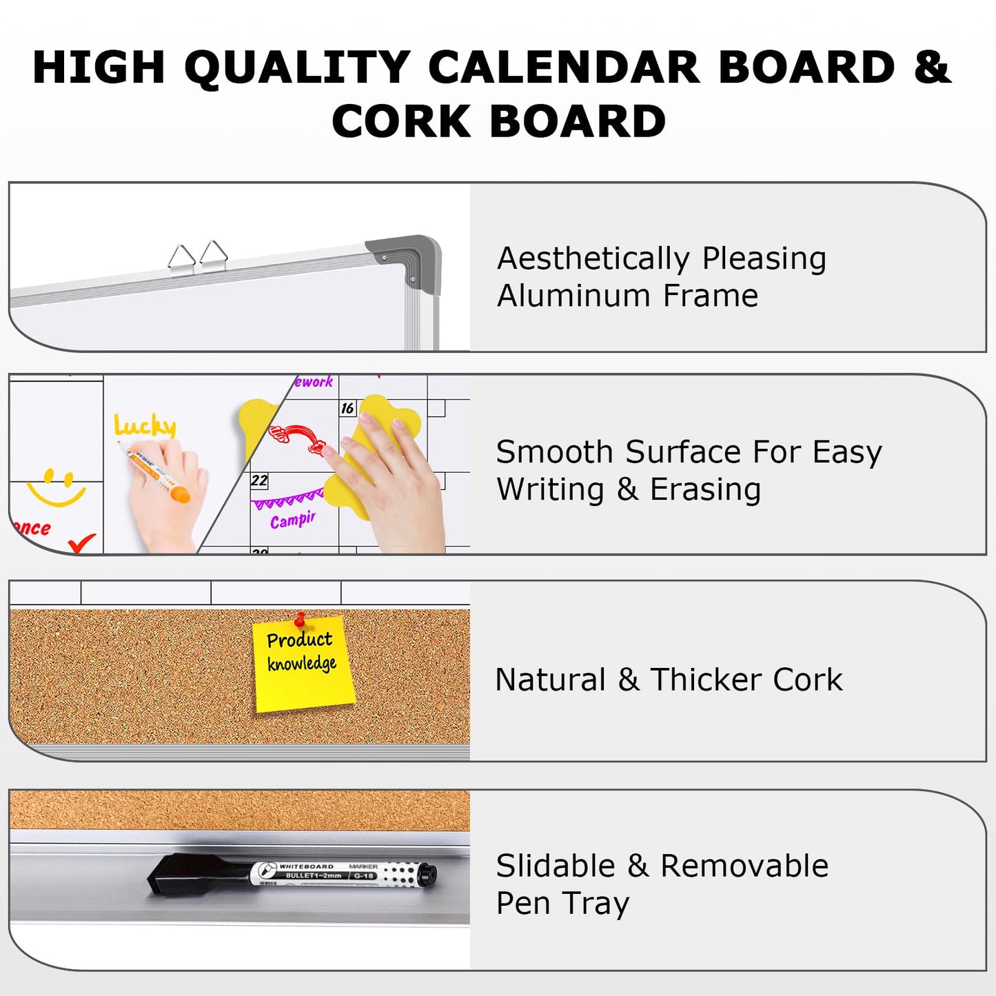 EAONE Magnetic Whitboard Calendar for Wall, Double Sided Dry Eraser Board Combo with Aluminum for Office, School, Home Kitchen (Silver, 36" x 24")