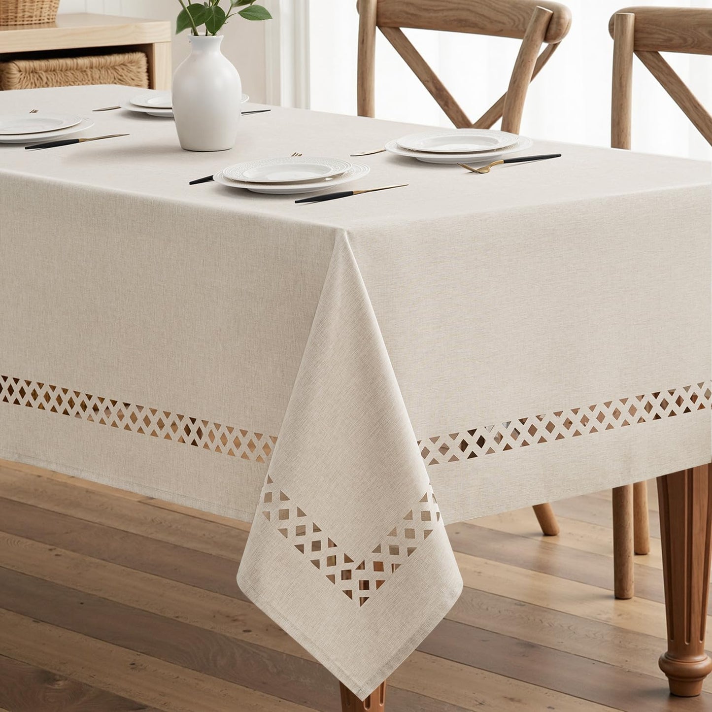 MIULEE Beige Rectangle Linen Polyester Tablecloth with Decorative Cutouts Spring Waterproof Stain Resistant & Shrink-Proof Table Cloth 60x120 inch Farmhouse Style for Dining Wedding and Outdoor