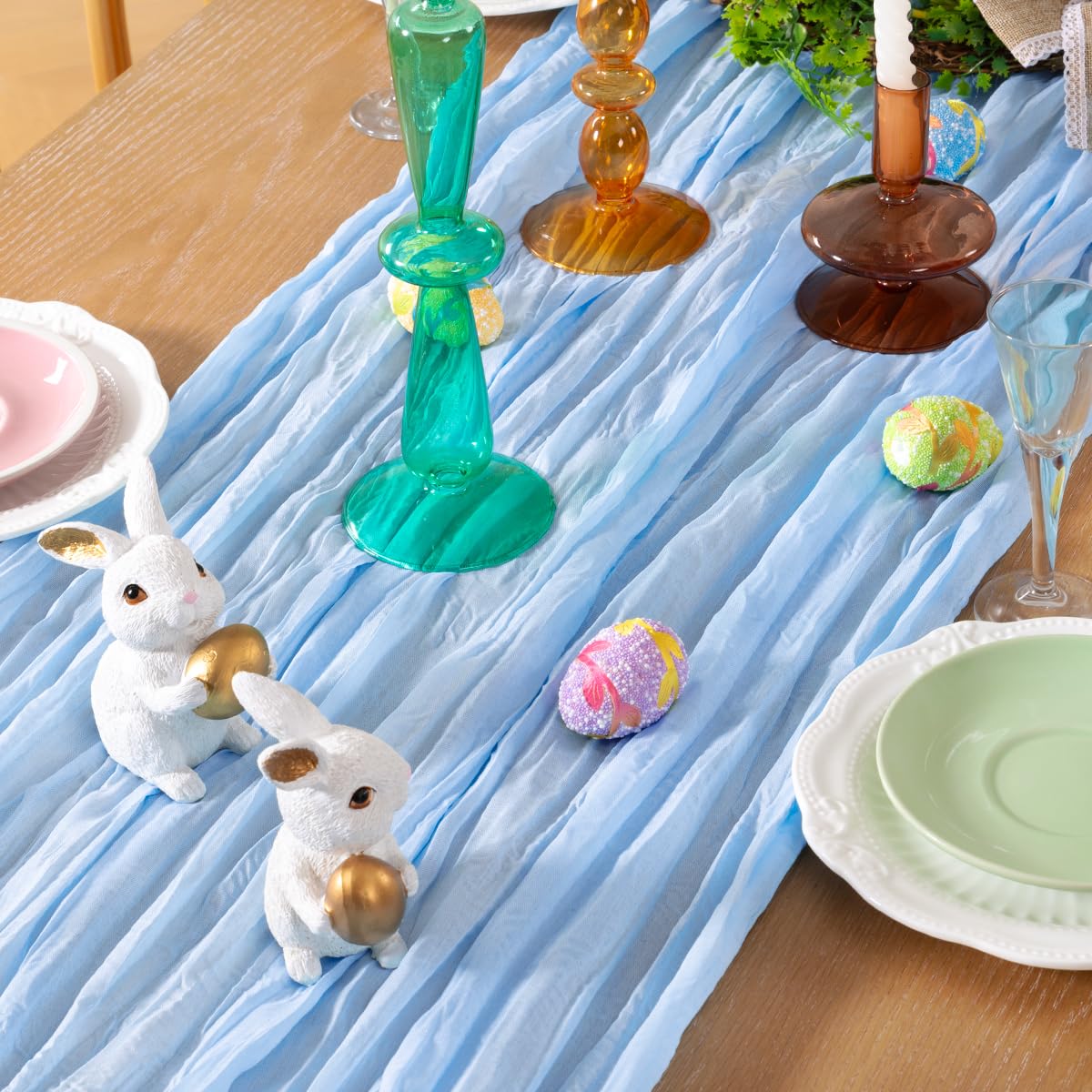 DeZerlor Baby Blue Cheesecloth Table Runner 10 Pack Spring Boho Sheer Cheese Cloth Table Runners Light Blue 120 Inches Long Gauze Easter Table Decor for Wedding Bridal Baby Boy Shower Birthday Party