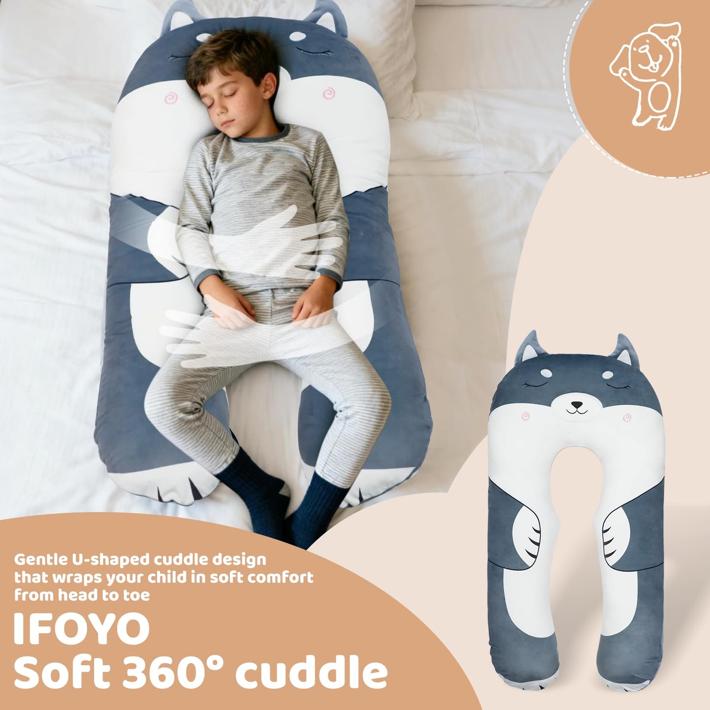 IFOYO Dog U Shaped Kids Body Pillow, 43" Minky Kids Full Body Pillow for Sleeping, Reading, ADHD & Sensory Relief, Kid Animal Cuddle Pillows Washable Cover, Snuggle Fun Hug Gift for Boys & Girls