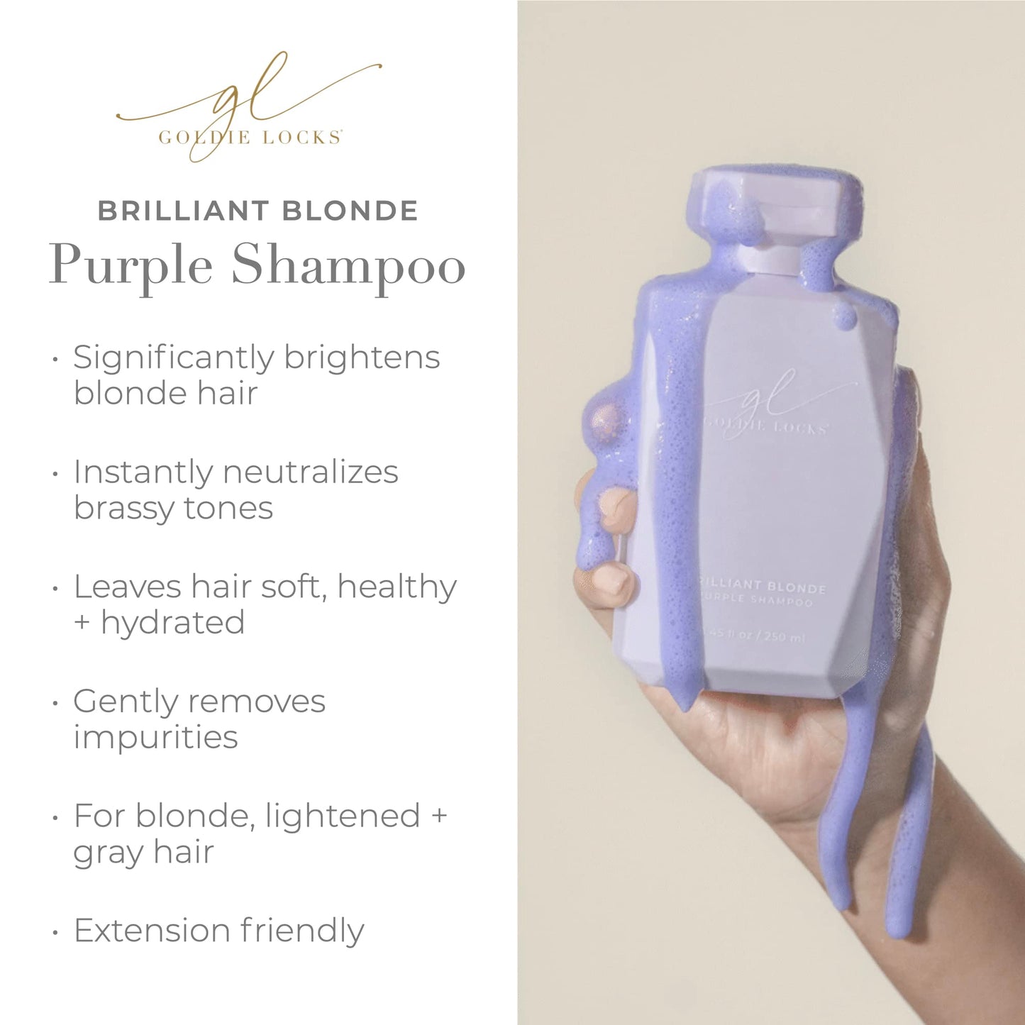 Goldie Locks Brilliant Blonde Purple Shampoo for Blonde, Lightened, Grey Hair & Extensions, Brightens, Tones, Eliminates Brass, Sulfate-Free, Nourishing, Moisturizing, Color Safe, 8.45 Fl Oz Bottle