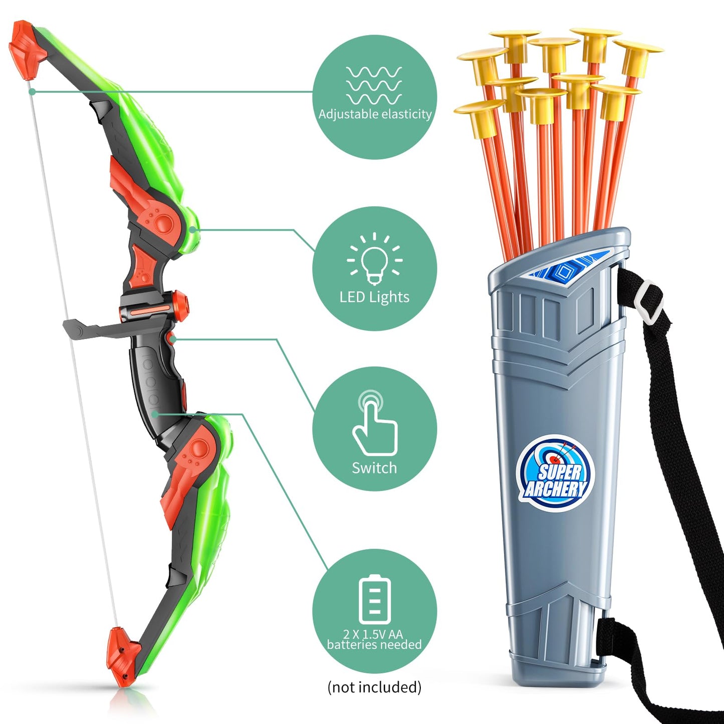 TMEI Bow and Arrow Set for Kids - Archery Toy Set - LED Light Up with 10 Suction Cup Arrows, Target & Quiver, Indoor and Outdoor Toys for Children Boys Girls(Green)