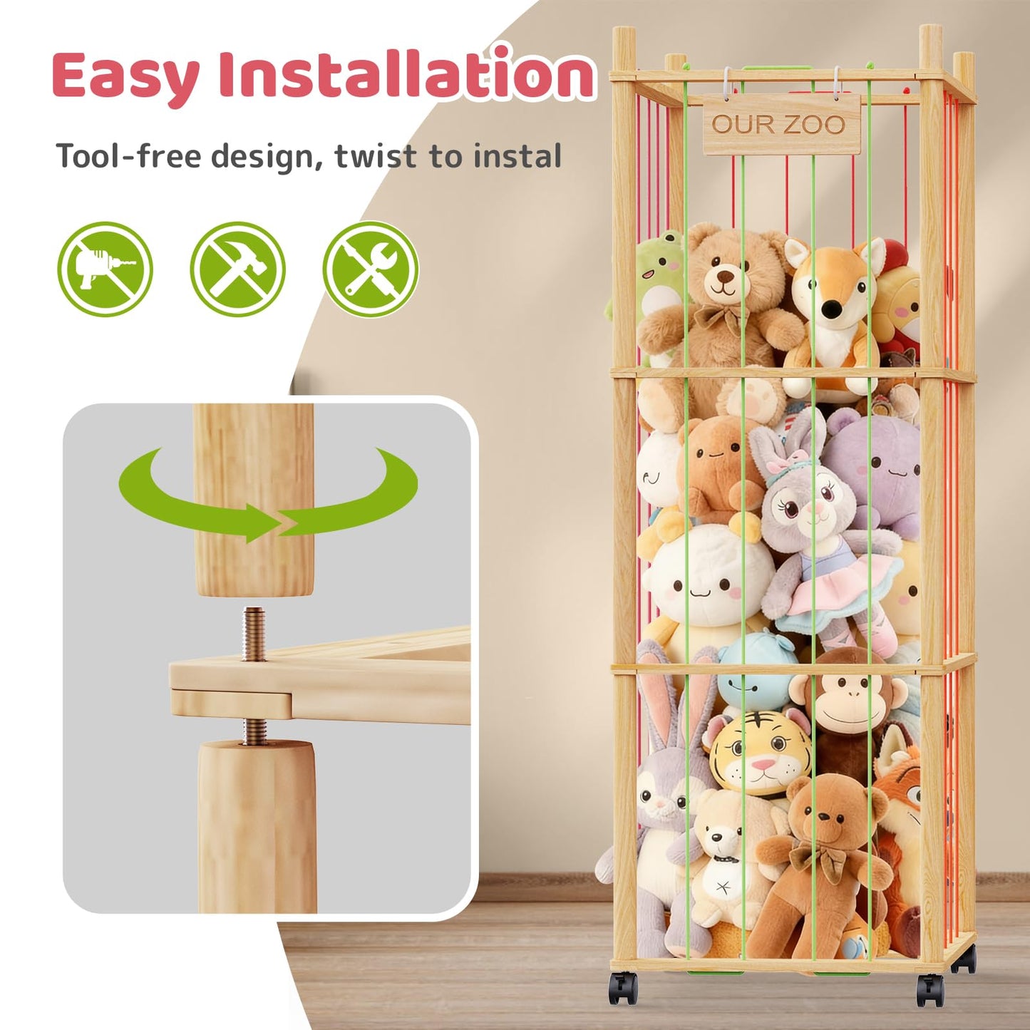 Stuffed Animal Storage & Organizer: Wooden Stuffed Animal Holder - 53.6" Stuffed Animal Zoo with Thicker Bands - Large Capacity Stuffy Storage for Playroom/Living Room/Nursery Room/Bedroom