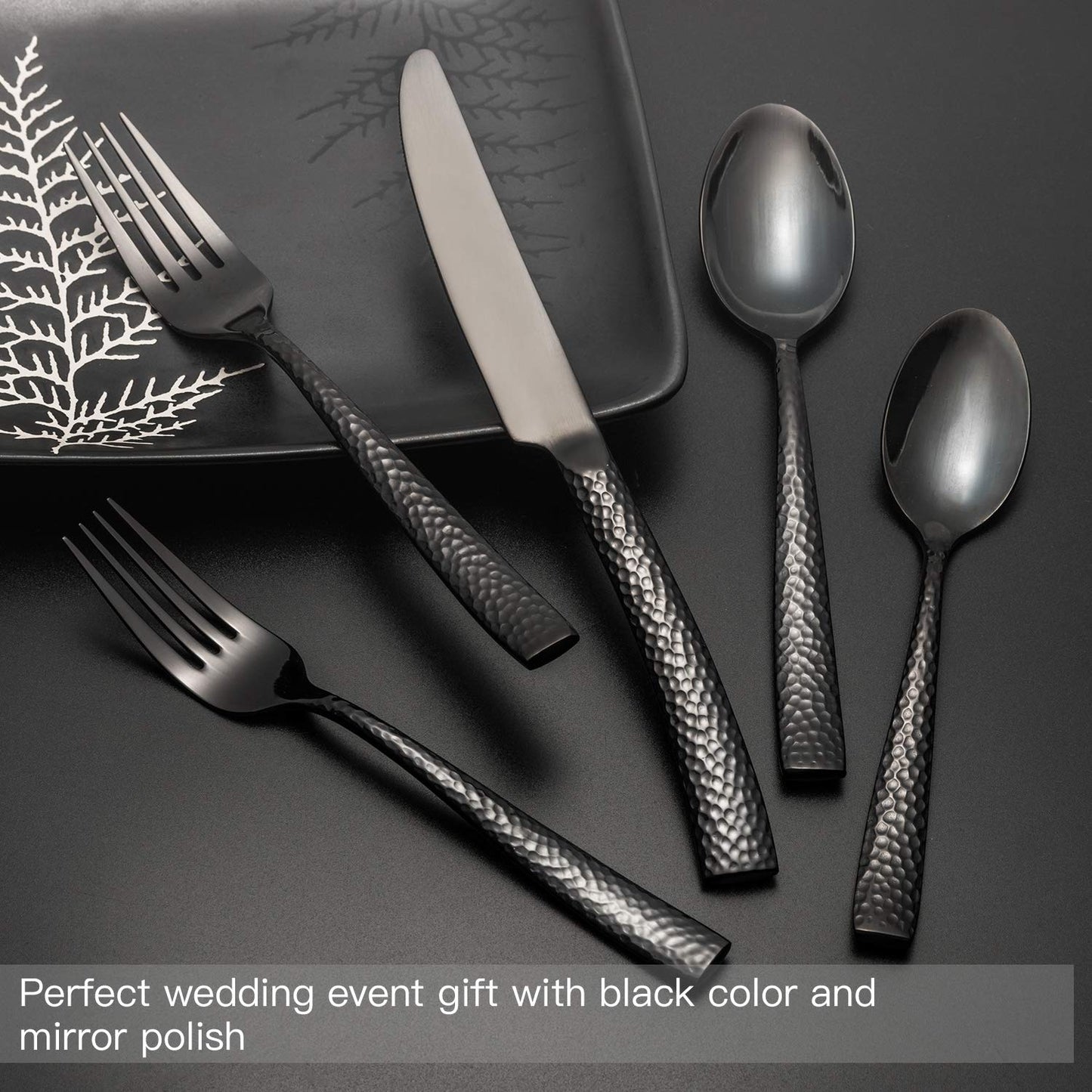 Kelenfer Flatware Set Silverware Set 20 Pieces Mirror Finished Black Stainless Steel Cutlery Set Forged with Hammered Handle Service for 4