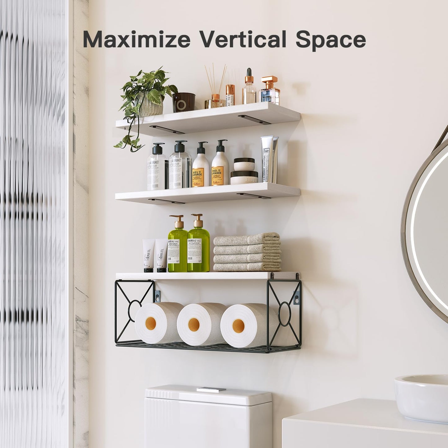 Amada Bathroom Shelves Over Toilet with Storage Basket, Floating Wall Shelf for Home Organization & Wall Decor, Bathroom/Kitchen/Living Room Shelves–White
