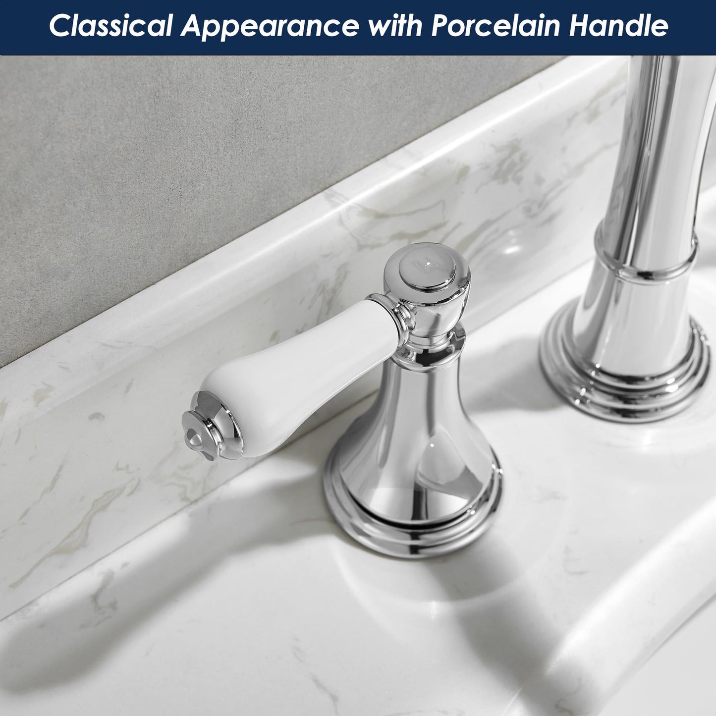 Roffenny Porcelain 2-Handle Chrome Bathroom Faucets 8 inch Widespread for 3 Holes with Plastic Pop-Up Drain & 2Pcs Water Supply Lines, Classic Chrome Bathroom Vanity Sink Faucet, Brass Swivel Spout