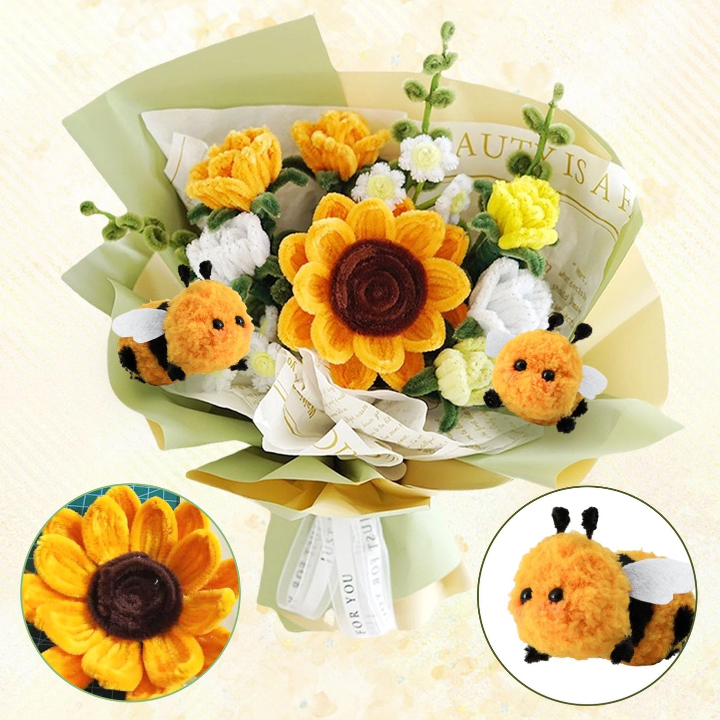 SNAIL GARDEN Pipe Cleaners Craft Kit with Wrapping Paper, Pipe Cleaner Flower Kit with 2 Bees, DIY Sunflower Flower Making Kit with Step by Step Video Tutorial for Beginners, Adults