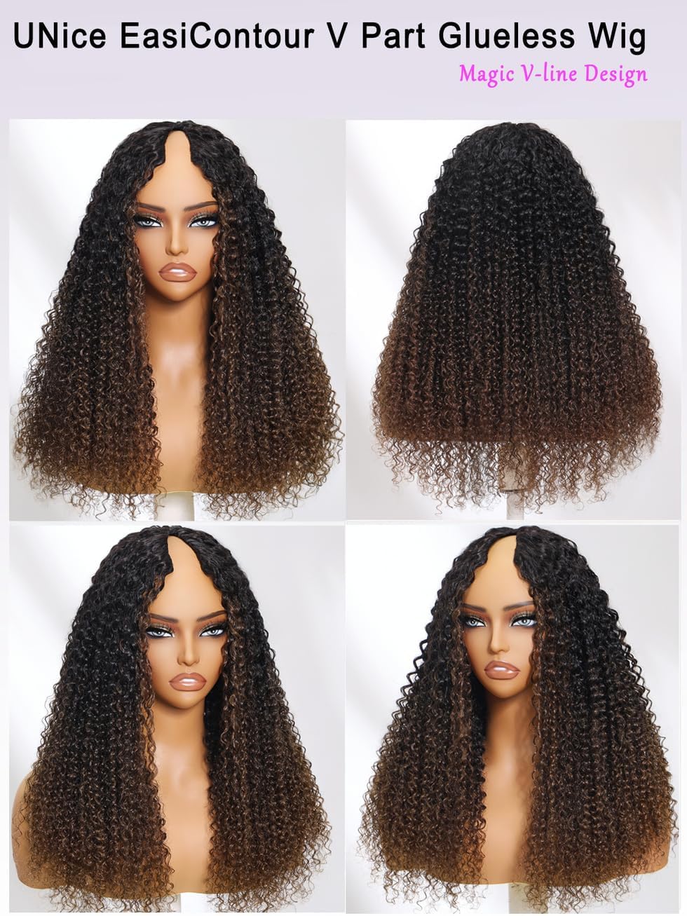 UNICE EasiContour V Part Wigs Human Hair Jerry Curly Ombre Chestnut Brown Glueless Wigs Human Hair Clip in Vpart Wig Minimal Leave Out Upgrade U Part Human Hair Wig Beginner Friendly 14 inch