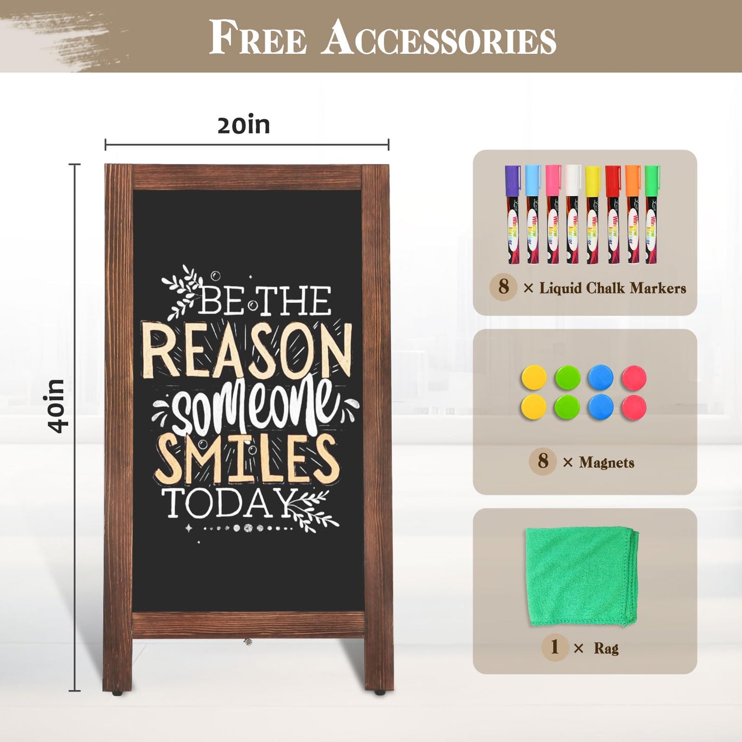 AMUSIGHT Wooden A-Frame Sign, Magnetic 40" x 20" Brown Chalk Board Sign Board, Double-Sided Sandwich Board Signs Outdoor, Chalkboard Easel, Menu Board for Restaurant, Business or Wedding
