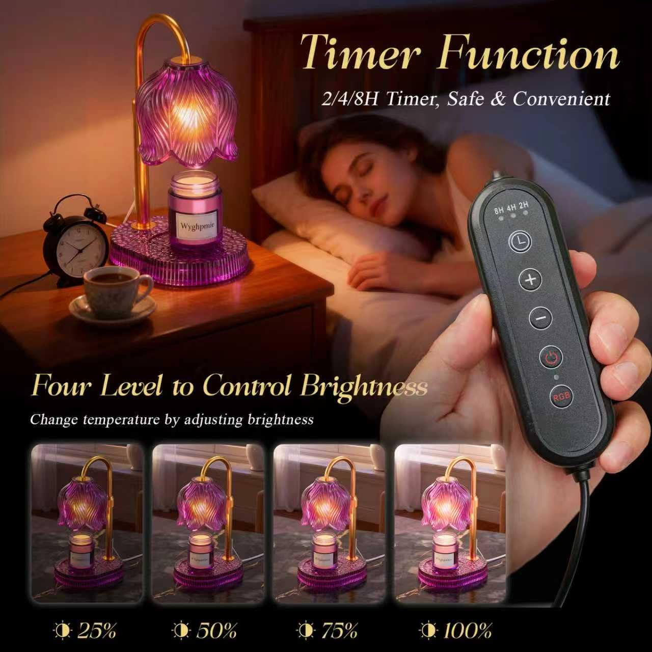 WYghyronic Candle Warmer Lamp with Adjustable Height - Flameless 4-Level Dimmable Wax Warmer, Timer Function & Stylish Design in Multiple Colors (Pink)