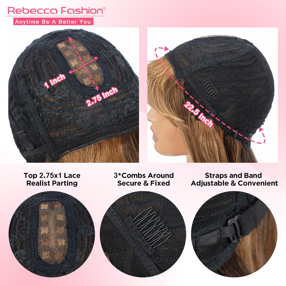 Rebecca Fashion 14 Inch Ombre Blonde Brown Straight Wig with Bangs Human Hair Silky Straight Bang Wig Glueless Minimalist 2.75x1 Lace Scalp Wig for Women Glueless Wear and Go Wigs Brazilian Remy Hair