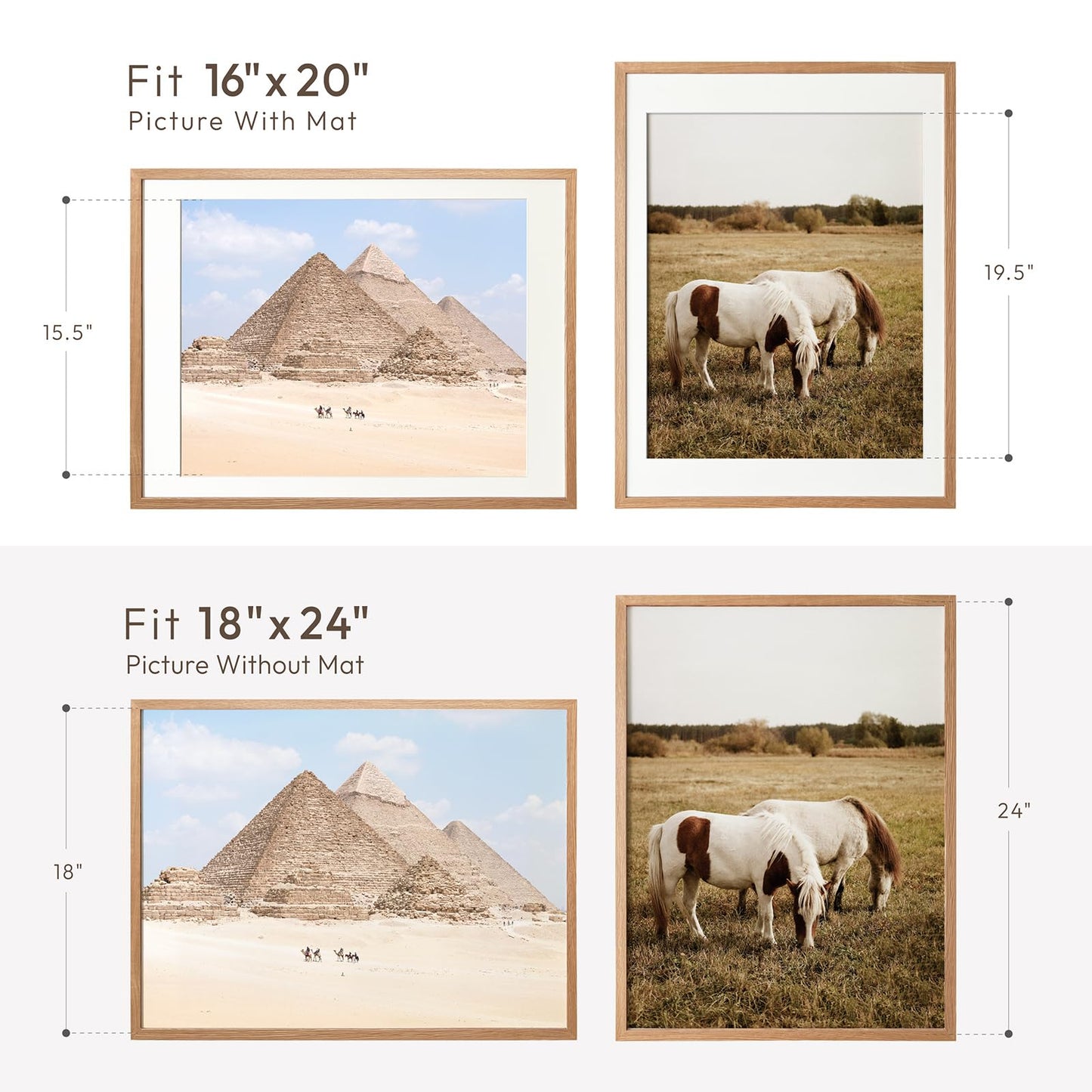 wallwisy 18x24 Poster Frame, Solid Oak 18x24 Poster Frames Matted to 16x20, 24x18 Natural Wooden Frame Horizontal or Vertical Wall Mounting, Set of 1
