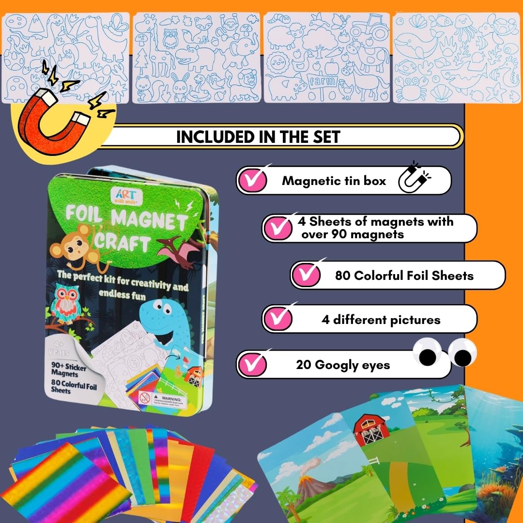 Foil Fun Art Kit for Kids - Reusable Animal Foil Art for Girls & Boys, DIY Mess-Free Girls Craft Kit w/Magnets, Ideal Travel Toy & in Car Activities for Kids Ages 4 5 6 7 8 9 10 11 12