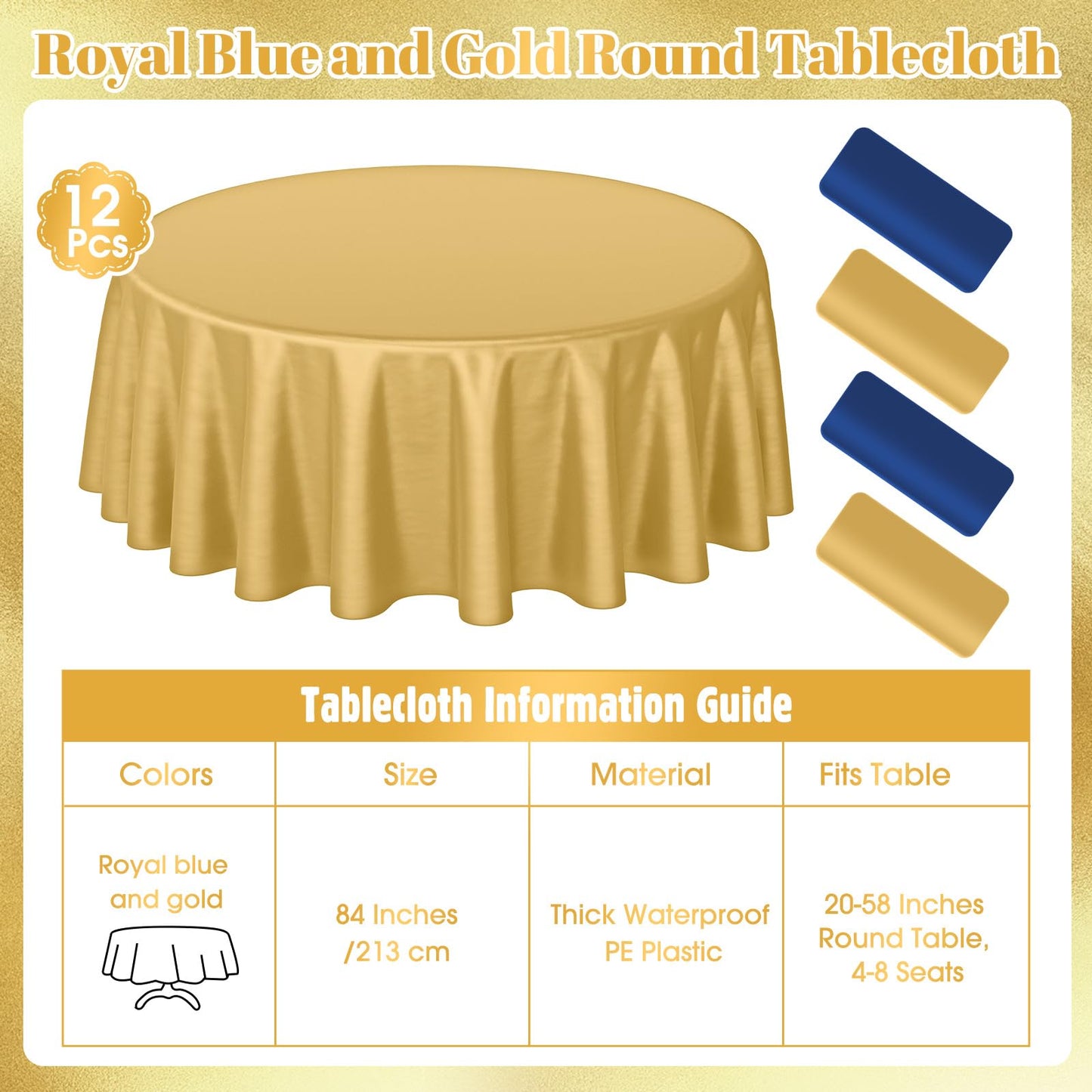 Buryeah 12 Pcs 84 Inch Navy Blue and Gold Round Plastic Disposable Table Cloth Waterproof Tablecloth Circle Table Covers for Passover Graduation Bridal Wedding Birthday Party Gender Reveal Baby Shower