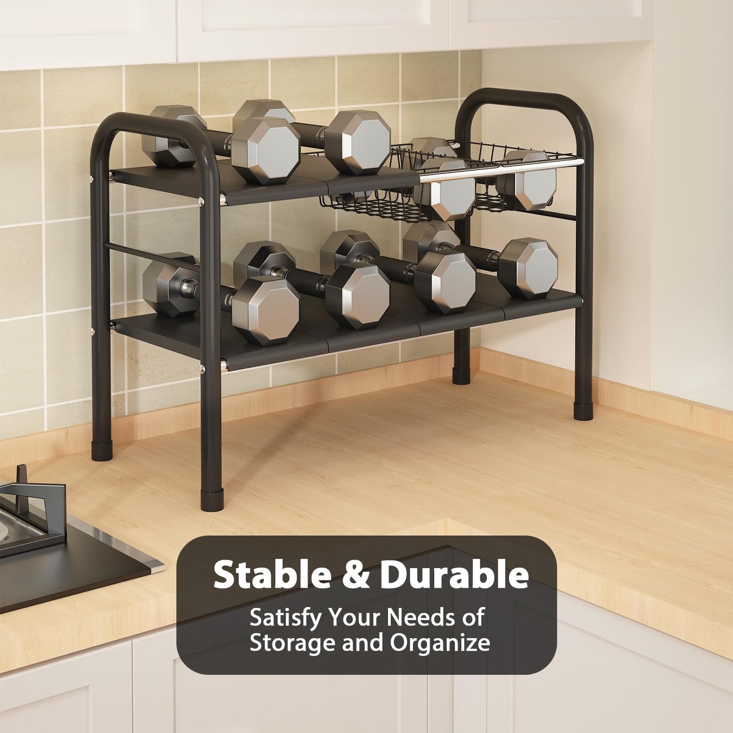 KOSIWU Expandable Under Sink Organizer, 2 Tier Under Sink Shelf with 2 Removable Baskets and 6 Removable Panels for Cabinet Sink Cloakroom Wardrobe Closet Storage(Black, 17.71”-32”Length