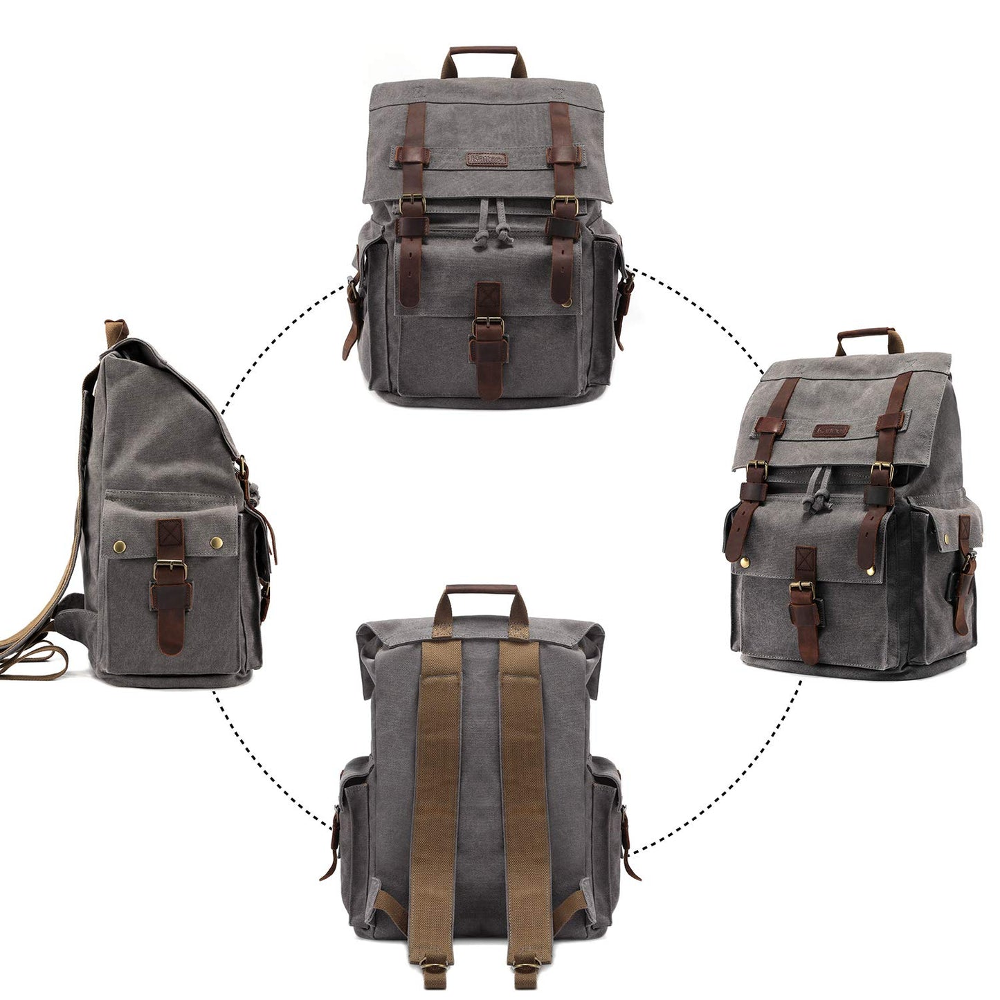 Kattee Men’s Leather Canvas Backpack Large School Bag Travel Rucksack Grey