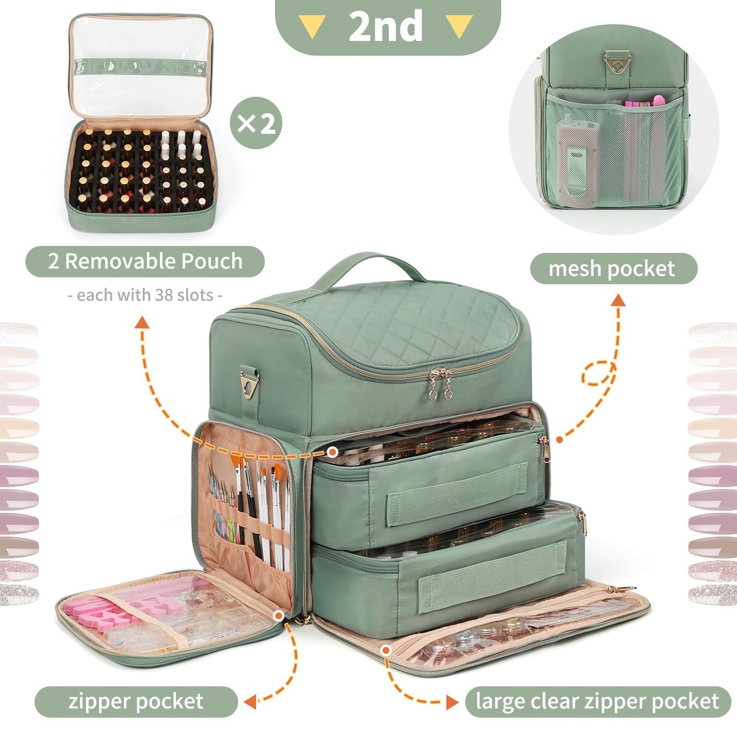 Extra Large Nail Polish Organizer Case Holds 86 to 100+ Bottles Nail Polish & Nail Lamp, Nail Supplies Storage Carrying Bag with 2 Removable Pouches, Portable Nail Tech Travel Box (Green, 86 Slots)