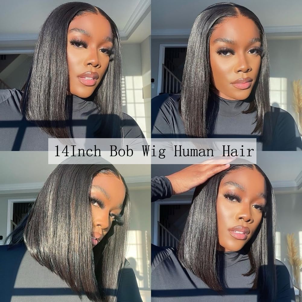 Superfect Bob Wig Human Hair 14 Inch 13x4 HD Lace Front Wigs Human Hair Free Part Pre Plucked Straight Lace Frontal Bob Wigs for Women 180% Density Human Hair Wig Natural Black Color(14 Inch, Bob Wig)