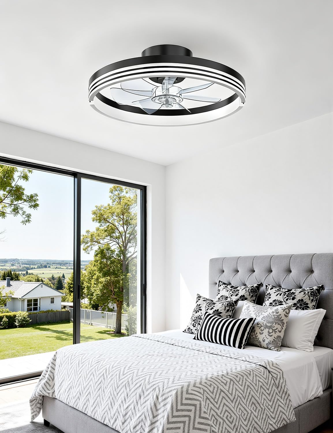 AKOFUN 18" Ceiling Fans with Lights and Remote, Low Profile Flush Mount Ceiling Fan with Light, 3000-6500K Dimmable LED Fan Light, Modern Bladeless Fandelier Ceiling Fans for Bedroom, Black Stripes