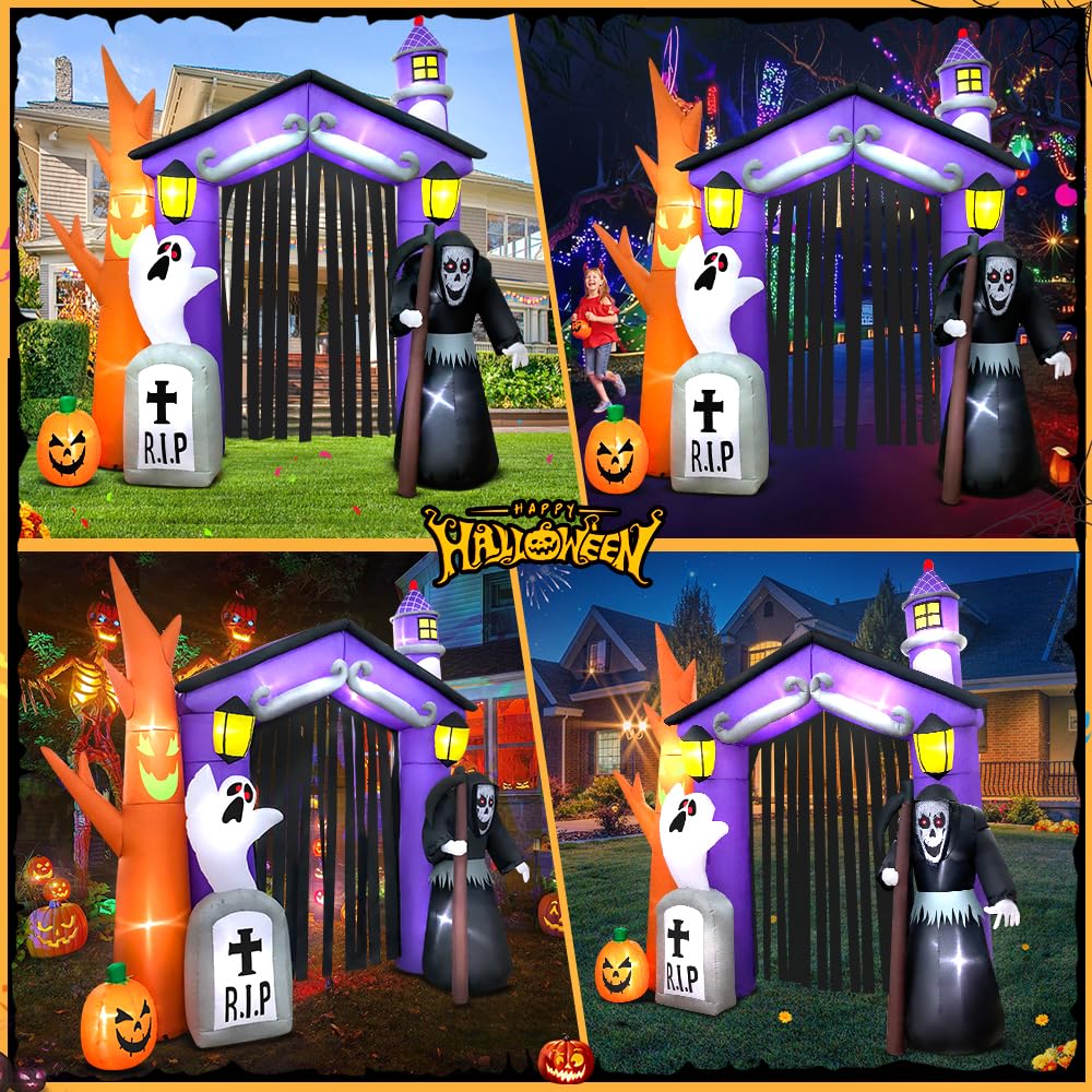 9 FT Halloween Inflatables Haunted House Castle Archway Decoration with Led Light Halloween Inflatables Outdoor Decorations Blow up Inflatables for Halloween Holiday Party Lawn Yard Garden Décor