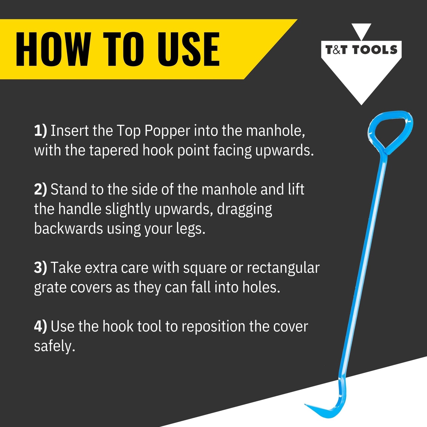 T&T Tools Top Popper Manhole Hook – Heat Treated Manhole Hook (Rotated Handle, Alloy Steel, 36-Inch)